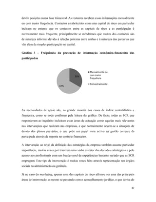 37
detém posições numa base trimestral. As restantes recebem essas informações mensalmente
ou com maior frequência. Contactos estabelecidos com uma capital de risco em particular
indicam no entanto que os contactos entre as capitais de risco e as participadas é
normalmente mais frequente, principalmente se atendermos que muitos dos contactos são
de natureza informal devido à relação próxima entre ambas e à natureza das parcerias que
vão além da simples participação no capital.
Gráfico 3 – Frequência da prestação de informação económico-financeira das
participadas
As necessidades de apoio são, na grande maioria dos casos de índole contabilística e
financeira, como se pode confirmar pela leitura do gráfico. De facto, todas as SCR que
responderam ao inquérito incluíram estas áreas de actuação como aquelas mais relevantes
nas intervenções que realizam nas empresas, e que normalmente devem-se a situações de
desvio dos planos previstos, o que pede um papel mais activo na gestão corrente da
participada através de suporte no controle financeiro.
A intervenção ao nível da definição das estratégias da empresa também assume particular
importância, muitas vezes por trazerem uma visão exterior das decisões estratégicas e pelo
acesso aos profissionais com um background de experiências bastante variado que as SCR
empregam. Este tipo de intervenção é muitas vezes feito através representação nos órgãos
sociais na administração ou gerência.
Já no caso do marketing, apenas uma das capitais de risco afirmou ser uma das principais
áreas de intervenção, o mesmo se passando com o aconselhamento jurídico, o que deriva do
33%
67%
Mensalmenteou
com maior
frequência
Trimestralmente
 