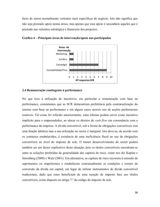 38
facto de serem normalmente vertentes mais específicas do negócio. Isto não significa que
não seja prestado apoio nestas áreas, mas apenas que esse apoio é secundário aqueles que é
prestado nas vertentes estratégica e financeira dos projectos.
Gráfico 4 – Principais áreas de intervenção/apoio nas participadas
2.4 Remuneração contingente à performance
No que toca á utilização de incentivos, em particular a remuneração com base na
performance, constatamos que as SCR demonstram preferência pela contratualização do
retorno com base na performance e em alguns casos através uso de acções preferenciais
remíveis. Tal como foi referido anteriormente, estas últimas podem servir como incentivo
implícito para o empreendedor, ao alocar os direitos de cash flow em consonância com a
performance da empresa. A dívida convertível, sob a forma de obrigações convertíveis tem
uma função idêntica mas a sua utilização no sector é marginal. Isto deve-se, de acordo com
os contactos estabelecidos, à existência de uma ineficiência fiscal no uso de obrigações
convertíveis ao nível do imposto de selo. O menor desenvolvimento do sector poderá
também ser um factor explicativo desta situação, pois os títulos convertíveis encontram-se
entre as soluções preferidas da generalidade das capitais de risco, como nos diz Kaplan e
Stromberg (2000) e Walz (2001). Em alternativa, as capitais de risco recorrem á emissão de
suprimentos ou empréstimos e estabelecem contratualmente as condições e termos de
conversão da dívida em capital, em lugar de utilizar instrumentos de dívida convertível
tradicionais, dado que estes beneficiam de uma isenção de imposto face aos títulos
convertíveis, como disposto no artigo 7.º do código do imposto de selo.
0 1 2 3 4 5 6 7 8 9 10
Contabilidade/Fina…
Estratégia
Jurídica
Marketing
Nº respostasSCR
Áreas de
intervenção
 