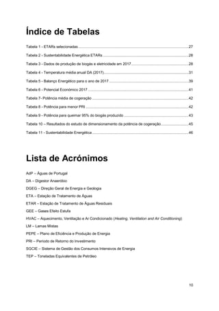 10
Índice de Tabelas
Tabela 1 - ETARs selecionadas ........................................................................................................27
Tabela 2 - Sustentabilidade Energética ETARs .................................................................................28
Tabela 3 - Dados de produção de biogás e eletricidade em 2017......................................................28
Tabela 4 - Temperatura média anual DA (2017)................................................................................31
Tabela 5 - Balanço Energético para o ano de 2017 ...........................................................................39
Tabela 6 - Potencial Económico 2017 ...............................................................................................41
Tabela 7- Potência média de cogeração ...........................................................................................42
Tabela 8 - Potência para menor PRI .................................................................................................42
Tabela 9 - Potência para queimar 95% do biogás produzido .............................................................43
Tabela 10 – Resultados do estudo de dimensionamento da potência de cogeração..........................45
Tabela 11 - Sustentabilidade Energética ...........................................................................................46
Lista de Acrónimos
AdP – Águas de Portugal
DA – Digestor Anaeróbio
DGEG – Direção Geral de Energia e Geologia
ETA – Estação de Tratamento de Águas
ETAR – Estação de Tratamento de Águas Residuais
GEE – Gases Efeito Estufa
HVAC – Aquecimento, Ventilação e Ar Condicionado (Heating, Ventilation and Air Conditioning)
LM – Lamas Mistas
PEPE – Plano de Eficiência e Produção de Energia
PRI – Período de Retorno do Investimento
SGCIE – Sistema de Gestão dos Consumos Intensivos de Energia
TEP – Toneladas Equivalentes de Petróleo
 