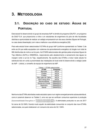 27
3. METODOLOGIA
3.1. DESCRIÇÃO DO CASO DE ESTUDO: ÁGUAS DE
PORTUGAL
Este estudo foi desenvolvido no grupo de empresas AdP no âmbito do programa GALP21, um programa
da GALP S.A. que proporciona a vinte e um estudantes de engenharia do país de três faculdades
distintas a oportunidade de realizar um estágio empresarial num dos seus clientes (Águas de Portugal,
no caso desta dissertação) com vista a melhorar a sua eficiência energética [30].
Para este estudo foram selecionadas 9 ETARs do grupo AdP (conforme apresentado na Tabela 1) de
entre as 24 que estão equipadas com sistemas de aproveitamento energético do biogás num total de
990 distribuídas de norte a sul do país. As ETARS selecionadas são geridas pelas empresas Águas do
Tejo Atlântico (AdTA) e SIMARSUL, responsáveis pelo abastecimento e saneamento das águas na
margem norte e sul do rio Tejo, respetivamente. Na escolha das ETARs a incluir neste estudo foi
sobretudo tido em conta a proximidade das instalações do local onde foi desenvolvido o estágio (sede
da AdP – Lisboa), a conselho da equipa de engenharia da AdP.
Tabela 1 - ETARs selecionadas
ETAR Empresa
Beirolas AdTA
Chelas AdTA
Frielas AdTA
São João da Talha AdTA
Vila Franca Xira AdTA
Barreiro/Moita SIMARSUL
Quinta do Conde SIMARSUL
Sesimbra SIMARSUL
Seixal SIMARSUL
Nenhuma das ETARs abordadas neste estudado opera num regime energeticamente autossustentável,
como é possível observar na Tabela 2, uma vez que se verificam consumos superiores à produção
(𝑆𝑢𝑠𝑡𝑒𝑛𝑡𝑎𝑏𝑖𝑙𝑖𝑑𝑎𝑑𝑒 𝐸𝑛𝑒𝑟𝑔é𝑡𝑖𝑐𝑎 =
𝑃𝑟𝑜𝑑𝑢çã𝑜 𝑑𝑒 𝐸𝑙𝑒𝑡𝑟𝑖𝑐𝑖𝑑𝑎𝑑𝑒 (𝑘𝑊ℎ)
𝐶𝑜𝑛𝑠𝑢𝑚𝑜 𝑑𝑒 𝑒𝑙𝑒𝑡𝑟𝑖𝑐𝑖𝑑𝑎𝑑𝑒 (𝑘𝑊ℎ)
). A eletricidade produzida no ano de 2017
foi cerca de 5,8 GWh, ficando muito aquém da eletricidade consumida no conjunto das nove ETARs
selecionadas, as quais totalizaram um consumo de cerca de 32,1 GWh.
 
