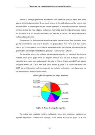 ANÁLISE DA PRIMEIRA PARTE DO QUESTIONÁRIO
93
Quanto à formação profissional encontramos mais variedade, contudo, neste item temos
alguma desconfiança dos dados, já que, sendo o ramo de formação educacional tão recente, este
ter obtido 33.6% de percentagem leva-nos a supor algum erro na resposta dos inquiridos. Se as três
primeiras opções são mais antigas e perduraram mais tempo, este item não corresponde à idade
dos inquiridos ou à sua situação profissional; não terá sido a maioria a ter feito essa formação
profissional recentemente.
Considerando as disciplinas que leccionam a grande maioria lecciona duas disciplinas, sendo
que há uma tendência para uma só disciplina nos grupos etários mais velhos e de duas ou três
para os grupos mais jovens; em escolas de pequena dimensão encontram-se alternativas algo sui
generis como por exemplo: “Trabalhos de Aplicação”, “Comunicação e Difusão”.
No tempo de serviço, não obstante apenas noventa respostas, os resultados distribuem-se
bastante, sendo que o grupo menor é o daqueles entre os 31 e 35 anos de serviço (apenas 2
inquiridos), e os grupos mais predominantes são entre os 16 e os 20 anos, que são 25.6%, seguido
pelo grupo anterior de 11 a 15 anos, com 18% e ainda o grupo de 21 a 25 anos de serviço com
15.6% não se distanciando muito dos seguintes; são portanto, professores a meio da carreira, ora
um pouco mais ora ainda um pouco menos.
Distribuição dos inquiridos por tempo de serviço
de 31 a 35 anos
de 26 a 30 anos
de 21 a 25 anos
de 16 a 20 anos
de 11 a 15 anos
de 6 a 10 anos
de 1 a 5 anos
Missing
Gráfico 6 - Tempo de serviço dos inquiridos
Na análise dos resultados, tendo-os subdividido, como atrás indicámos, registamos as
seguintes frequências: a maioria dos inquiridos, 57.9% sempre leccionou no grupo 10º B, não
 