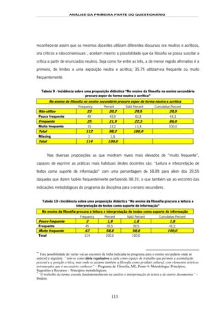 ANÁLISE DA PRIMEIRA PARTE DO QUESTIONÁRIO
113
reconhece-se assim que os mesmos docentes utilizam diferentes discursos ora neutros e acríticos,
ora críticos e não-consensuais159F
**
, aceitam mesmo a possibilidade que da filosofia se possa suscitar a
crítica a partir de enunciados neutros. Seja como for entre as três, a de menor registo afirmativo é a
primeira, de limites a uma exposição neutra e acrítica; 35.7% utilizam-na frequente ou muito
frequentemente.
Tabela 9 - Incidência sobre uma proposição didáctica “No ensino da filosofia no ensino secundário
procuro expor de forma neutra e acrítica”
No ensino de filosofia no ensino secundário procuro expor de forma neutra e acrítica
Frequency Percent Valid Percent Cumulative Percent
Não utilizo 23 20,2 20,5 20,5
Pouco frequente 49 43,0 43,8 64,3
Frequente 25 21,9 22,3 86,6
Muito frequente 15 13,2 13,4 100,0
Total 112 98,2 100,0
Missing 2 1,8
Total 114 100,0
Nas diversas proposições as que mostram níveis mais elevados de “muito frequente”,
capazes de exprimir as práticas mais habituais destes docentes são: “Leitura e interpretação de
textos como suporte de informação” com uma percentagem de 58.8% para além dos 39.5%
daqueles que dizem fazê-lo frequentemente perfazendo 98.3%, o que também vai ao encontro das
indicações metodológicas do programa da disciplina para o ensino secundário160F
*
.
Tabela 10 - Incidência sobre uma proposição didáctica “No ensino da filosofia procura a leitura e
interpretação de textos como suporte de informação”
No ensino da filosofia procura a leitura e interpretação de textos como suporte de informação
Frequency Percent Valid Percent Cumulative Percent
Pouco frequente 2 1,8 1,8 1,8
Frequente 45 39,5 39,5 41,2
Muito frequente 67 58,8 58,8 100,0
Total 114 100,0 100,0
**
Esta possibilidade de variar vai ao encontro da linha indicada no programa para o ensino secundário onde se
entrevê o seguinte: “ tem-se como ideia reguladora a aula como espaço de trabalho que permite a assimilação
pessoal e a posição crítica, mas onde se assume também a filosofia como produto cultural, com elementos teóricos
estruturados que é necessário conhecer” – Programa de Filosofia, ME, Ponto 4- Metodologia: Princípios,
Sugestões a Recursos – Princípios metodológicos.
*
“O trabalho da turma assenta fundamentalmente na análise e interpretação de textos e de outros documentos” –
Ibidem.
 