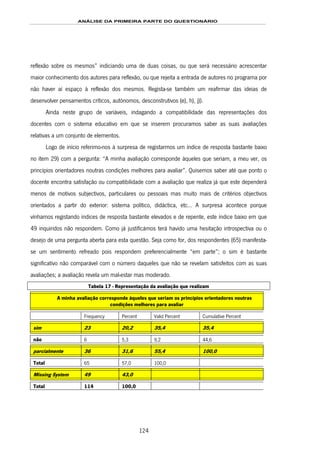 ANÁLISE DA PRIMEIRA PARTE DO QUESTIONÁRIO
124
reflexão sobre os mesmos” indiciando uma de duas coisas, ou que será necessário acrescentar
maior conhecimento dos autores para reflexão, ou que rejeita a entrada de autores no programa por
não haver aí espaço à reflexão dos mesmos. Regista-se também um reafirmar das ideias de
desenvolver pensamentos críticos, autónomos, desconstrutivos (e), h), j)).
Ainda neste grupo de variáveis, indagando a compatibilidade das representações dos
docentes com o sistema educativo em que se inserem procuramos saber as suas avaliações
relativas a um conjunto de elementos.
Logo de início referimo-nos à surpresa de registarmos um índice de resposta bastante baixo
no item 29) com a pergunta: “A minha avaliação corresponde àqueles que seriam, a meu ver, os
princípios orientadores noutras condições melhores para avaliar”. Quisemos saber até que ponto o
docente encontra satisfação ou compatibilidade com a avaliação que realiza já que este dependerá
menos de motivos subjectivos, particulares ou pessoais mas muito mais de critérios objectivos
orientados a partir do exterior: sistema político, didáctica, etc… A surpresa acontece porque
vínhamos registando índices de resposta bastante elevados e de repente, este índice baixo em que
49 inquiridos não respondem. Como já justificámos terá havido uma hesitação introspectiva ou o
desejo de uma pergunta aberta para esta questão. Seja como for, dos respondentes (65) manifesta-
se um sentimento refreado pois respondem preferencialmente “em parte”; o sim é bastante
significativo não comparável com o número daqueles que não se revelam satisfeitos com as suas
avaliações; a avaliação revela um mal-estar mas moderado.
Tabela 17 - Representação da avaliação que realizam
A minha avaliação corresponde àqueles que seriam os princípios orientadores noutras
condições melhores para avaliar
Frequency Percent Valid Percent Cumulative Percent
sim 23 20,2 35,4 35,4
não 6 5,3 9,2 44,6
parcialmente 36 31,6 55,4 100,0
Total 65 57,0 100,0
Missing System 49 43,0
Total 114 100,0
 