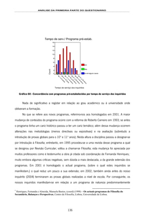 ANÁLISE DA PRIMEIRA PARTE DO QUESTIONÁRIO
136
Tempo de serv./ Programa pré-estab.
Tempo de serviço dos inquiridos
de
31
a
35
anos
de
26
a
30
anos
de
21
a
25
anos
de
16
a
20
anos
de
11
a
15
anos
de
6
a
10
anos
de
1
a
5
anos
Count
16
14
12
10
8
6
4
2
0
sim
não
só em alguns casos
Gráfico 60 - Concordância com programas pré-estabelecidos por tempo de serviço dos inquiridos
Nada de significativo a registar em relação ao grau académico ou à universidade onde
obtiveram a formação.
No que se refere aos novos programas, referimo-nos aos homologados em 2001. A maior
mudança de conteúdos do programa ocorre com a reforma de Roberto Carneiro em 1993; se antes
o programa tinha um cariz histórico passou a ter um cariz temático; além dessa mudança ocorrem
alterações nas metodologias (menos directivas ou expositivas) e na avaliação (sobretudo a
introdução de provas globais para o 10º e 11º anos); Nesta altura a disciplina passou a designar-se
por Introdução à Filosofia; entretanto, em 1995 procedeu-se a uma revista desse programa a qual
se designou por Revisão Curricular; voltou a chamar-se Filosofia; esta mudança foi apreciada por
muitos professores como é testemunho a obra já citada sob coordenação de Fernanda Henriques,166F
*
muito embora algumas críticas negativas, sem dúvida a mais destacada, a da grande extensão dos
programas. Em 2001 é homologado o actual programa, (sobre o qual estes inquiridos se
manifestam,) o qual reduz um pouco a sua extensão; em 2002, também ainda antes do nosso
inquérito (2004) terminaram as provas globais realizadas a nível de escola. Por conseguinte, os
nossos inquiridos manifestam-se em relação a um programa de natureza predominantemente
*
Henriques, Fernanda e Almeida, Manuela Bastos, (coord) (1998) – Os actuais programas de Filosofia do
Secundário, Balanços e Perspectivas, Centro de Filosofia, Lisboa, Universidade de Lisboa.
 