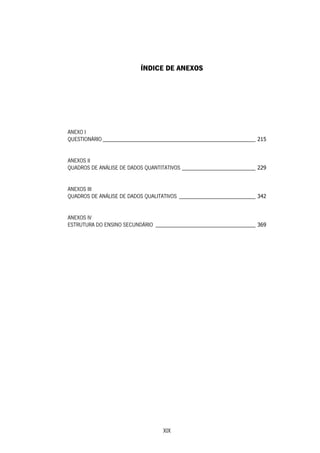 XIX
ÍNDICE DE ANEXOS
ANEXO I
QUESTIONÁRIO ____________________________________________________ 215
ANEXOS II
QUADROS DE ANÁLISE DE DADOS QUANTITATIVOS _________________________ 229
ANEXOS III
QUADROS DE ANÁLISE DE DADOS QUALITATIVOS __________________________ 342
ANEXOS IV
ESTRUTURA DO ENSINO SECUNDÁRIO __________________________________ 369
 