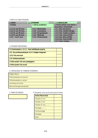 ANEXO I
218
1-DADOS DE CARACTERIZAÇÃO:
2- SITUAÇÃO PROFISSIONAL:
2.1-Contratado/a : 2.1.1- - Com habilitação própria.
2.2 - Em profissionalização: 2.2.1- Estágio integrado
2.2.2- Em exercício
2.3- Profissionalizado:
2.4-Do quadro: De zona pedagógica:
2.5-Do quadro: De escola
2.1:MODALIDADE DE FORMAÇÃO ACADÉMICA:
Estágio clássico
Profissionalização em exercício
Profissionalização em serviço
Licenciatura em ensino
Ramo de formação educacional
3- TEMPO DE SERVIÇO: 4- Disciplinas/ anos que lecciona este ano lectivo:
Ensino Recorrente
Filosofia 10º ano
Filosofia 11ºano
Filosofia 12º ano.............
Psicologia............
Psicossociologia
Sociologia
Outra
1.1SEXO 1.1.1FEMININO 1.1.2-MASCULINO
1.2-Idade 1.3-Grau académico: 1.4-Universidade onde obteve a
licenciatura /bacharelato
1.2.1-21 aos 30 anos 1.3.1– Bacharelato 1.4.1- Univ. dos Açores
1.2.2.31 aos 40 anos 1.3.2– Licenciatura 1.4.2- Univ. Católica (Braga)
1.2.3-41 aos 50 anos 1.3.3-- Pós-graduação 1.4.3- Univ. Católica (Lisboa)
1.2.4-51 aos 60 anos 1.3.4– Mestrado 1.4.4- Univ. Lisboa (FLUL)
1.4.5- Univ. Nova (FCSH)
1.4.6- Univ. Porto (FLUP)
1.2.5- + de 61 anos 1.3.5– Doutoramento
1.4.7- Outra: Indique:
 