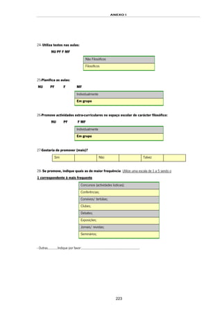 ANEXO I
223
24- Utiliza textos nas aulas:
NU PF F MF
Não Filosóficos
Filosóficos
25-Planifica as aulas:
NU PF F MF
Individualmente
Em grupo
26-Promove actividades extra-curriculares no espaço escolar de carácter filosófico:
NU PF F MF
Individualmente
Em grupo
27-Gostaria de promover (mais)?
Sim Não Talvez
28- Se promove, indique quais as de maior frequência: Utilize uma escala de 1 a 5 sendo o
1 correspondente à mais frequente
Concursos (actividades lúdicas);
Conferências;
Convívios/ tertúlias;
Clubes;
Debates;
Exposições;
Jornais/ revistas;
Seminários;
- Outras...........Indique por favor:.................................................................
 