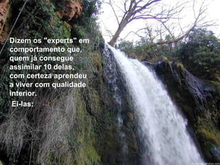 Dizem os "experts" em
comportamento que,
quem já consegue
assimilar 10 delas,
com certeza aprendeu
a viver com qualidade
interior.
Ei-las:
 