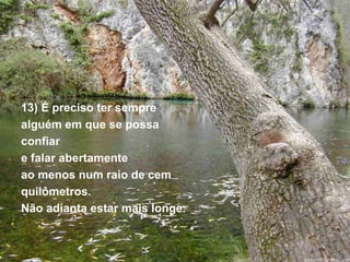 13) É preciso ter sempre 
alguém em que se possa 
confiar 
e falar abertamente 
ao menos num raio de cem 
quilômetros. 
Não adianta estar mais longe. 
 