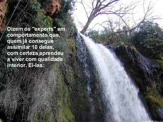 Dizem os "experts" em comportamento que, quem já consegue assimilar 10 delas, com certeza aprendeu a viver com qualidade interior. Ei-las: 