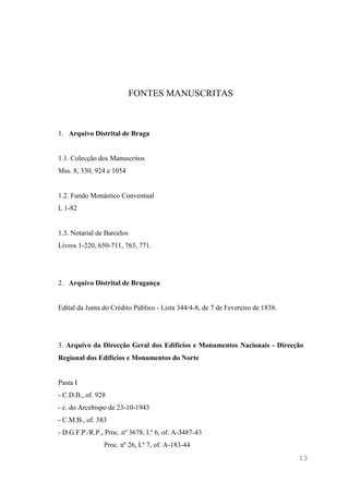 13
FONTES MANUSCRITAS
1. Arquivo Distrital de Braga
1.1. Colecção dos Manuscritos
Mss. 8, 330, 924 e 1054
1.2. Fundo Monástico Conventual
L 1-82
1.3. Notarial de Barcelos
Livros 1-220, 650-711, 763, 771.
2. Arquivo Distrital de Bragança
Edital da Junta do Crédito Público - Lista 344/4-8, de 7 de Fevereiro de 1838.
3. Arquivo da Direcção Geral dos Edifícios e Monumentos Nacionais - Direcção
Regional dos Edifícios e Monumentos do Norte
Pasta I
- C.D.B., of. 928
- c. do Arcebispo de 23-10-1943
- C.M.B., of. 383
- D.G.F.P./R.P., Proc. nº 3678, Lº 6, of. A-3487-43
Proc. nº 26, Lº 7, of. A-183-44
 