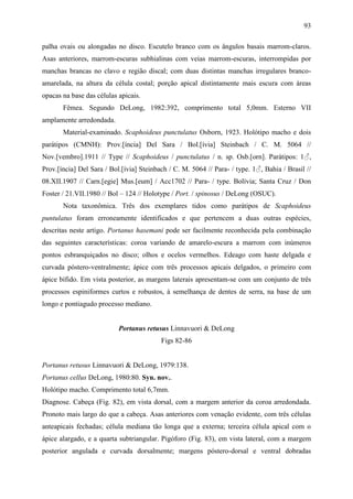 93

palha ovais ou alongadas no disco. Escutelo branco com os ângulos basais marrom-claros.
Asas anteriores, marrom-escuras subhialinas com veias marrom-escuras, interrompidas por
manchas brancas no clavo e região discal; com duas distintas manchas irregulares branco-
amarelada, na altura da célula costal; porção apical distintamente mais escura com áreas
opacas na base das células apicais.
       Fêmea. Segundo DeLong, 1982:392, comprimento total 5,0mm. Esterno VII
amplamente arredondada.
       Material-examinado. Scaphoideus punctulatus Osborn, 1923. Holótipo macho e dois
parátipos (CMNH): Prov.[íncia] Del Sara / Bol.[ívia] Steinbach / C. M. 5064 //
Nov.[vembro].1911 // Type // Scaphoideus / punctulatus / n. sp. Osb.[orn]. Parátipos: 1♂,
Prov.[íncia] Del Sara / Bol.[ívia] Steinbach / C. M. 5064 // Para- / type. 1♂, Bahia / Brasil //
08.XII.1907 // Carn.[egie] Mus.[eum] / Acc1702 // Para- / type. Bolívia; Santa Cruz / Don
Foster / 21.VII.1980 // Bol – 124 // Holotype / Port. / spinosus / DeLong (OSUC).
       Nota taxonômica. Três dos exemplares tidos como parátipos de Scaphoideus
puntulatus foram erroneamente identificados e que pertencem a duas outras espécies,
descritas neste artigo. Portanus hasemani pode ser facilmente reconhecida pela combinação
das seguintes características: coroa variando de amarelo-escura a marrom com inúmeros
pontos esbranquiçados no disco; olhos e ocelos vermelhos. Edeago com haste delgada e
curvada póstero-ventralmente; ápice com três processos apicais delgados, o primeiro com
ápice bífido. Em vista posterior, as margens laterais apresentam-se com um conjunto de três
processos espiniformes curtos e robustos, à semelhança de dentes de serra, na base de um
longo e pontiagudo processo mediano.


                           Portanus retusus Linnavuori & DeLong
                                          Figs 82-86


Portanus retusus Linnavuori & DeLong, 1979:138.
Portanus cellus DeLong, 1980:80. Syn. nov..
Holótipo macho. Comprimento total 6,7mm.
Diagnose. Cabeça (Fig. 82), em vista dorsal, com a margem anterior da coroa arredondada.
Pronoto mais largo do que a cabeça. Asas anteriores com venação evidente, com três células
anteapicais fechadas; célula mediana tão longa que a externa; terceira célula apical com o
ápice alargado, e a quarta subtriangular. Pigóforo (Fig. 83), em vista lateral, com a margem
posterior angulada e curvada dorsalmente; margens póstero-dorsal e ventral dobradas
 