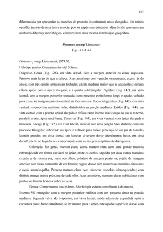 107

diferenciada por apresentar as manchas do pronoto distintamente mais alongadas. Em minha
opinião, trata-se de uma única espécie, pois os espécimes estudados além de não apresentarem
nenhuma diferença morfológica, compartilham uma mesma distribuição geográfica.


                                Portanus youngi Linnavuori
                                        Figs 141-1145


Portanus youngi Linnavuori, 1959:50.
Holótipo macho. Comprimento total 5,8mm.
Diagnose. Coroa (Fig. 128), em vista dorsal, com a margem anterior da coroa angulada.
Pronoto mais largo do que a cabeça. Asas anteriores com venação evanescente, exceto às do
ápice; com três células anteapicais fechadas; célula mediana maior que as adjacentes; terceira
célula apical com o ápice alargado, e a quarta subtriangular. Pigóforo (Fig. 142), em vista
lateral, com a margem posterior truncada; com processo espiniforme longo e agudo, voltado
para cima, na margem póstero-ventral, na face interna. Placas subgenitais (Fig. 143), em vista
ventral, macrocerdas multisseriadas, distribuídas na porção mediana. Estilos (Fig. 144), em
vista dorsal, com a porção apical alargada e bífida; ramo interno mais longo do que o externo,
paralelo a este; ápice unciforme. Conetivo (Fig. 144), em vista ventral, com ápice alargada e
truncada. Edeago (Fig. 145), em vista lateral, lamelar com uma porção basal distinta; com um
processo triangular imbricado no ápice e voltado para baixo; presença de um par de lamelas
laterais grandes; em vista dorsal, tais lamelas divergem dorso-lateralmente; haste, em vista
dorsal, aberto ao logo do seu comprimento com as margens amplamente divergentes.
       Coloração. No geral, marrom-clara; coroa marrom-clara com uma grande mancha
esbranquiçada em forma variável no ápice, entre os ocelos, seguida por duas outras manchas
circulares de mesma cor, junto aos olhos, próximo da margem posterior; região da margem
anterior com faixa horizontal de cor branca; região discal com numerosas manchas circulares
e ovais amarelo-palha. Pronoto marrom-claro com inúmeras manchas esbranquiçadas; com
distinta manca branca próxima de cada olho. Asas anteriores, marrom-claras subhialinas com
pontos ou bandas brancas sobre as veias.
       Fêmea. Comprimento total 6,1mm. Morfologia externa semelhante à do macho.
Esterno VII retangular com a margem posterior retilínea com um pequeno dente na porção
mediana. Segunda valva do ovipositor, em vista lateral, moderadamente expandida após a
curvatura basal; haste estreitando-se levemente para o ápice, este agudo; superfície dorsal com
 