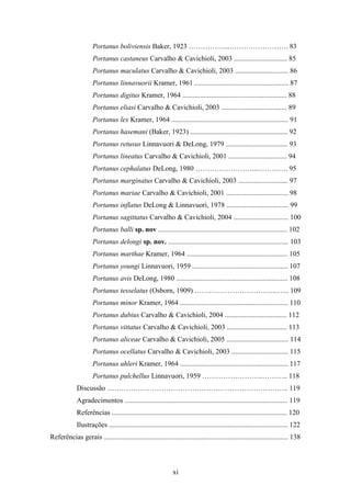 Portanus boliviensis Baker, 1923 ……………...……………………. 83
                     Portanus castaneus Carvalho & Cavichioli, 2003 .............................. 85
                     Portanus maculatus Carvalho & Cavichioli, 2003 .............................. 86
                     Portanus linnavuorii Kramer, 1961 ..................................................... 87
                     Portanus digitus Kramer, 1964 ........................................................... 88
                     Portanus eliasi Carvalho & Cavichioli, 2003 ..................................... 89
                     Portanus lex Kramer, 1964 .................................................................. 91
                     Portanus hasemani (Baker, 1923) ....................................................... 92
                     Portanus retusus Linnavuori & DeLong, 1979 ................................... 93
                     Portanus lineatus Carvalho & Cavichioli, 2001 ................................. 94
                     Portanus cephalatus DeLong, 1980 ……………………...…………. 95
                     Portanus marginatus Carvalho & Cavichioli, 2003 ............................ 97
                     Portanus mariae Carvalho & Cavichioli, 2001 ................................... 98
                     Portanus inflatus DeLong & Linnavuori, 1978 ................................... 99
                     Portanus sagittatus Carvalho & Cavichioli, 2004 ............................... 100
                     Portanus balli sp. nov ......................................................................... 102
                     Portanus delongi sp. nov. .................................................................... 103
                     Portanus marthae Kramer, 1964 ......................................................... 105
                     Portanus youngi Linnavuori, 1959 ...................................................... 107
                     Portanus avis DeLong, 1980 ............................................................... 108
                     Portanus tesselatus (Osborn, 1909) ……………………………...….. 109
                     Portanus minor Kramer, 1964 ............................................................. 110
                     Portanus dubius Carvalho & Cavichioli, 2004 ................................... 112
                     Portanus vittatus Carvalho & Cavichioli, 2003 .................................. 113
                     Portanus aliceae Carvalho & Cavichioli, 2005 ................................... 114
                     Portanus ocellatus Carvalho & Cavichioli, 2003 ................................ 115
                     Portanus uhleri Kramer, 1964 ............................................................. 117
                     Portanus pulchellus Linnavuori, 1959 ……………………..……….. 118
             Discussão ………………………………………………………………….. 119
             Agradecimentos ............................................................................................ 119
             Referências ................................................................................................... 120
             Ilustrações ..................................................................................................... 122
Referências gerais ........................................................................................................ 138



                                                               xi
 