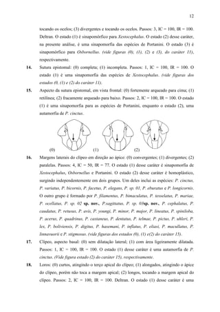 12

      tocando os ocelos; (3) divergentes e tocando os ocelos. Passos: 3, IC = 100, IR = 100.
      Deltran. O estado (1) é sinapomórfico para Xestocephalus. O estado (2) desse caráter,
      na presente análise, é uma sinapomorfia das espécies de Portanini. O estado (3) é
      sinapomórfico para Osbornellus. (vide figuras (0), (1), (2) e (3), do caráter 11),
      respectivamente.
14.   Sutura epistomal: (0) completa; (1) incompleta. Passos: 1, IC = 100, IR = 100. O
      estado (1) é uma sinapomorfia das espécies de Xestocephalus. (vide figuras dos
      estados (0, (1) e (2) do caráter 11).
15.   Aspecto da sutura epistomal, em vista frontal: (0) fortemente arqueado para cima; (1)
      retilínea; (2) fracamente arqueado para baixo. Passos: 2, IC = 100, IR = 100. O estado
      (1) é uma sinapomorfia para as espécies de Portanini, enquanto o estado (2), uma
      autamorfia de P. cinctus.




           (0)                       (1)                     (2)
16.   Margens laterais do clípeo em direção ao ápice: (0) convergentes; (1) divergentes; (2)
      paralelas. Passos: 4, IC = 50, IR = 77. O estado (1) desse caráter é sinapomorfia de
      Xestocephalus, Osbornellus e Portanini. O estado (2) desse caráter é homoplástico,
      surgindo independentemente em dois grupos. Um deles inclui as espécies: P. cinctus,
      P. variatus, P. bicornis, P. facetus, P. elegans, P. sp. 01, P. eburatus e P. longicornis.
      O outro grupo é formado por P. filamentus, P. bimaculatus, P. tesselatus, P. mariae,
      P. ocellatus, P. sp. 02 sp. nov., P.sagittatus, P. sp. 03sp. nov., P. cephalatus, P.
      caudatus, P. retusus, P. avis, P. youngi, P. minor, P. major, P. lineatus, P. spiniloba,
      P. acerus, P. quadrinus, P. castaneus, P. dentatus, P. telmae, P. pictus, P. uhleri, P.
      lex, P. boliviensis, P. digitus, P. hasemani, P. inflatus, P. eliasi, P. macullatus, P.
      linnavuorii e P. stigmosus. (vide figuras dos estados (0), (1) e(2) do caráter 15).
17.   Clípeo, aspecto basal: (0) sem dilatação lateral; (1) com área ligeiramente dilatada.
      Passos: 1, IC = 100, IR = 100. O estado (1) desse caráter é uma autamorfia de P.
      cinctus. (Vide figura estado (2) do caráter 15), respectivamente.
18.   Loros: (0) curtos, atingindo o terço apical do clípeo; (1) alongados, atingindo o ápice
      do clípeo, porém não toca a margem apical; (2) longos, tocando a margem apical do
      clípeo. Passos: 2, IC = 100, IR = 100. Deltran. O estado (1) desse caráter é uma
 