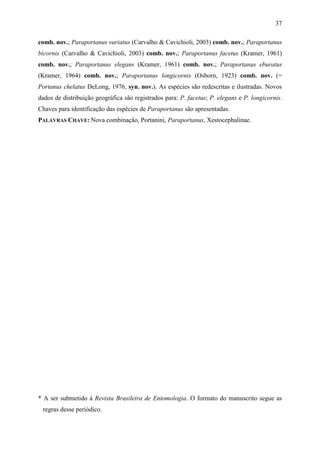 37

comb. nov.; Paraportanus variatus (Carvalho & Cavichioli, 2003) comb. nov.; Paraportanus
bicornis (Carvalho & Cavichioli, 2003) comb. nov.; Paraportanus facetus (Kramer, 1961)
comb. nov.; Paraportanus elegans (Kramer, 1961) comb. nov.; Paraportanus eburatus
(Kramer, 1964) comb. nov.; Paraportanus longicornis (Osborn, 1923) comb. nov. (=
Portanus chelatus DeLong, 1976, syn. nov.). As espécies são redescritas e ilustradas. Novos
dados de distribuição geográfica são registrados para: P. facetus; P. elegans e P. longicornis.
Chaves para identificação das espécies de Paraportanus são apresentadas.
PALAVRAS CHAVE: Nova combinação, Portanini, Paraportanus, Xestocephalinae.




* A ser submetido à Revista Brasileira de Entomologia. O formato do manuscrito segue as
 regras desse periódico.
 