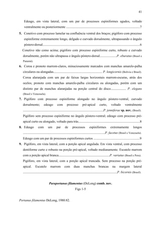 41

   Edeago, em vista lateral, com um par de processos espiniformes agudos, voltado
   ventralmente ou posteriormente ...........................................................................................7
5. Conetivo com processo lamelar na confluência ventral dos braços; pigóforo com processo
   espiniforme extremamente longo, delgado e curvado dorsalmente, ultrapassando o ângulo
   póstero-dorsal........................................................................................................................6
  Conetivo não como acima; pigóforo com processo espiniforme curto, robusto e curvado
  dorsalmente, porém não ultrapassa o ângulo póstero-dorsal.....................P. eburatus (Brasil e
  Panamá).
6. Coroa e pronoto marrom-claros, minuciosamente marcados com manchas amarelo-palha
  circulares ou alongadas............................................................ P. longicornis (Bolívia e Brasil).
  Coroa alaranjada com um par de faixas largas horizontais marrom-escuras, atrás dos
  ocelos; pronoto com manchas amarelo-palha circulares ou alongadas, porém com um
  distinto par de manchas alaranjadas na porção central do disco................... P. elegans
  (Brasil e Venezuela).
7. Pigóforo com processo espiniforme alongado no ângulo póstero-ventral, curvado
  dorsalmente;            edeago         com        processo          pré-apical          curto,        voltado         ventralmente
  ...................................................................................................P. jenniferae sp. nov. (Brasil).
  Pigóforo sem processo espiniforme no ângulo póstero-ventral; edeago com processo pré-
  apical curto ou alongado, voltado para trás............................................................................8
8. Edeago          com         um       par       de       processos          espiniformes             extremamente              longos
  .....................................................................................................P. facetus (Brasil e Venezuela).
  Edeago com um par de processos espiniformes curtos .........................................................9
9. Pigóforo, em vista lateral, com a porção apical angulada. Em vista ventral, com processo
  dentiforme curto e robusto na porção pré-apical, voltado medianamente. Escutelo marrom
  com a porção apical branca...............................................................P. variatus (Brasil e Peru).
  Pigóforo, em vista lateral, com a porção apical truncada. Sem processo na porção pré-
  apical.       Escutelo         marrom           com       duas        manchas          brancas         na      margem           lateral
  ....................................................................................................................P. bicornis (Brasil).


                                Paraportanus filamentus (DeLong) comb. nov.
                                                              Figs 1-5


Portanus filamentus DeLong, 1980:82.
 