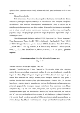 53

ápice do clavo; com uma mancha laranja brilhante adicional, aproximadamente oval, na base
da asa.
          Fêmea. Desconhecida.
          Nota taxonômica. Paraportanus facetus pode se facilmente diferenciada das demais
espécies do gênero pela seguinte combinação de características: coroa alaranjada com pontos
avermelhados, duas manchas subtriangulares marrom-escuras, entre os ocelos que se
estendem posteriormente como uma única ou duas faixas muito estreitas que se confundem
com a sutura coronal; pronoto marrom, com numerosas manchas oval, amarelo-palhas
pequenas; edeago com projeção pré-apical com um par de processos espiniformes longos e
voltados para baixo.
          Material-examinado. Holótipo macho (USNM): Venezuela Exp. / Territ. Amazonas /
Upper Cunucunuma / Tapara Apr. 20, 1950 // J. Maldonado / Caprilles, Col. // Type // USNM
/ 64880 // Holotype / Portanus / facetus Kramer. BRASIL. Rondônia - Ouro Preto d’Oeste,
1♂, 03.IX.1987, C. Elias, leg., Carvalho, A. N. Det. (DZUP). Amazonas – Manaus (2º25’S,
60ºO), 1♂, 27.XI.1985, Bert Klein Col., Malaise, Carvalho, A. N. Det. (INPA) (primeiro
registro).


                  Paraportanus variatus (Carvalho & Cavichioli) comb. nov.
                                         Figs 51-55


Portanus variatus Carvalho & Cavichioli, 2003:548.
Diagnose. Comprimento total 5,5mm. Cabeça (Fig. 51), em vista dorsal, com a margem
anterior da coroa arredondada; comprimento mediano da coroa aproximadamente a metade da
largura da cabeça. Clípeo retangular; margem apical retilínea. Pronoto mais largo do que a
cabeça. Asas anteriores com venação evidente; célula anteapical externa tão longa quanto à
mediana; terceira célula e quarta célula apical sub-retangular. Pigóforo (Fig. 52), em vista
lateral, com a margem posterior angulada; com processo dentiforme curto e largo na margem
pré-apical, perpendicular à margem; margem ventral com forte reentrância basal. Placas
subgenitais (Fig. 53), em vista ventral, triangulares, com a porção apical estreitando-se
ligeiramente para o ápice, este arredondado. Conetivo (Fig. 54), em vista dorsal, em forma de
um “V”, com processo lamelar próximo ao ponto de articulação com o edeago. Estilos (Fig.
54), em vista dorsal, com ápice alargado e bífido; ramo interno delgado e perpendicular ao
externo. Edeago (Fig. 55), em vista lateral, com a porção apical da haste alargada e curvada
 