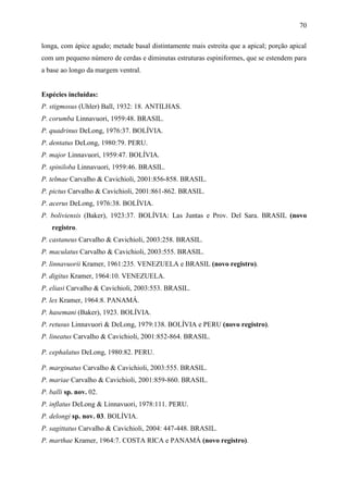 70

longa, com ápice agudo; metade basal distintamente mais estreita que a apical; porção apical
com um pequeno número de cerdas e diminutas estruturas espiniformes, que se estendem para
a base ao longo da margem ventral.


Espécies incluídas:
P. stigmosus (Uhler) Ball, 1932: 18. ANTILHAS.
P. corumba Linnavuori, 1959:48. BRASIL.
P. quadrinus DeLong, 1976:37. BOLÍVIA.
P. dentatus DeLong, 1980:79. PERU.
P. major Linnavuori, 1959:47. BOLÍVIA.
P. spiniloba Linnavuori, 1959:46. BRASIL.
P. telmae Carvalho & Cavichioli, 2001:856-858. BRASIL.
P. pictus Carvalho & Cavichioli, 2001:861-862. BRASIL.
P. acerus DeLong, 1976:38. BOLÍVIA.
P. boliviensis (Baker), 1923:37. BOLÍVIA: Las Juntas e Prov. Del Sara. BRASIL (novo
   registro.
P. castaneus Carvalho & Cavichioli, 2003:258. BRASIL.
P. maculatus Carvalho & Cavichioli, 2003:555. BRASIL.
P. linnavuorii Kramer, 1961:235. VENEZUELA e BRASIL (novo registro).
P. digitus Kramer, 1964:10. VENEZUELA.
P. eliasi Carvalho & Cavichioli, 2003:553. BRASIL.
P. lex Kramer, 1964:8. PANAMÁ.
P. hasemani (Baker), 1923. BOLÍVIA.
P. retusus Linnavuori & DeLong, 1979:138. BOLÍVIA e PERU (novo registro).
P. lineatus Carvalho & Cavichioli, 2001:852-864. BRASIL.

P. cephalatus DeLong, 1980:82. PERU.

P. marginatus Carvalho & Cavichioli, 2003:555. BRASIL.
P. mariae Carvalho & Cavichioli, 2001:859-860. BRASIL.
P. balli sp. nov. 02.
P. inflatus DeLong & Linnavuori, 1978:111. PERU.
P. delongi sp. nov. 03. BOLÍVIA.
P. sagittatus Carvalho & Cavichioli, 2004: 447-448. BRASIL.
P. marthae Kramer, 1964:7. COSTA RICA e PANAMÁ (novo registro).
 