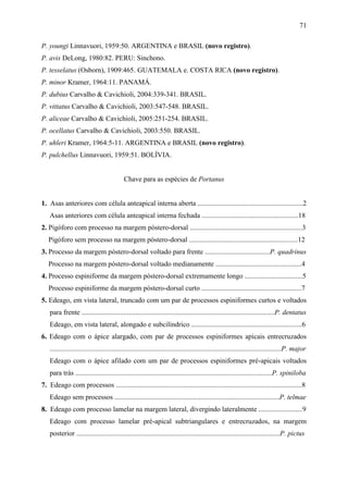 71

P. youngi Linnavuori, 1959:50. ARGENTINA e BRASIL (novo registro).
P. avis DeLong, 1980:82. PERU: Sinchono.
P. tesselatus (Osborn), 1909:465. GUATEMALA e. COSTA RICA (novo registro).
P. minor Kramer, 1964:11. PANAMÁ.
P. dubius Carvalho & Cavichioli, 2004:339-341. BRASIL.
P. vittatus Carvalho & Cavichioli, 2003:547-548. BRASIL.
P. aliceae Carvalho & Cavichioli, 2005:251-254. BRASIL.
P. ocellatus Carvalho & Cavichioli, 2003:550. BRASIL.
P. uhleri Kramer, 1964:5-11. ARGENTINA e BRASIL (novo registro).
P. pulchellus Linnavuori, 1959:51. BOLÍVIA.


                                            Chave para as espécies de Portanus


1. Asas anteriores com célula anteapical interna aberta ............................................................2
    Asas anteriores com célula anteapical interna fechada .......................................................18
2. Pigóforo com processo na margem póstero-dorsal ................................................................3
   Pigóforo sem processo na margem póstero-dorsal ..............................................................12
3. Processo da margem póstero-dorsal voltado para frente .....................................P. quadrinus
   Processo na margem póstero-dorsal voltado medianamente .................................................4
4. Processo espiniforme da margem póstero-dorsal extremamente longo .................................5
   Processo espiniforme da margem póstero-dorsal curto .........................................................7
5. Edeago, em vista lateral, truncado com um par de processos espiniformes curtos e voltados
    para frente ..............................................................................................................P. dentatus
    Edeago, em vista lateral, alongado e subcilíndrico ...............................................................6
6. Edeago com o ápice alargado, com par de processos espiniformes apicais entrecruzados
    ....................................................................................................................................P. major
    Edeago com o ápice afilado com um par de processos espiniformes pré-apicais voltados
    para trás ................................................................................................................P. spiniloba
7. Edeago com processos ..........................................................................................................8
    Edeago sem processos ..............................................................................................P. telmae
8. Edeago com processo lamelar na margem lateral, divergindo lateralmente .........................9
    Edeago com processo lamelar pré-apical subtriangulares e entrecruzados, na margem
    posterior ....................................................................................................................P. pictus
 