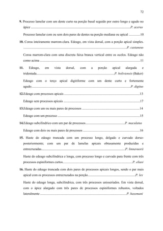 72

9. Processo lamelar com um dente curto na porção basal seguido por outro longo e agudo no
   ápice .........................................................................................................................P. acerus

   Processo lamelar com ou sem dois pares de dentes na porção mediana ou apical ..............10

10. Coroa inteiramente marrom-clara. Edeago, em vista dorsal, com a porção apical simples.
   ..............................................................................................................................P. castaneus

   Coroa marrom-clara com uma discreta faixa branca vertical entre os ocelos. Edeago não
   como acima ..........................................................................................................................11

11.      Edeago,           em         vista         dorsal,         com          a      porção           apical         alargada           e
   tridentada...............................................................................................P. boliviensis (Baker)

   Edeago com o terço apical digitiforme com um dente curto e fortemente
   agudo.........................................................................................................................P. digitus

12.Edeago com processos apicais ............................................................................................13

   Edeago sem processos apicais .............................................................................................17

13.Edeago com um ou mais pares de processos ......................................................................14

   Edeago com um processo ....................................................................................................15

14.Edeago subcilíndrico com um par de processos................................................P. maculatus

   Edeago com dois ou mais pares de processos .....................................................................16

15. Haste do edeago truncada com um processo longo, delgado e curvado dorso-
   posteriormente;            com        um      par      de      lamelas        apicais       obtusamente            produzidas           e
   entrecruzadas......................................................................................................P. linnavuorii

   Haste do edeago subcilíndrica e longa, com processo longo e curvado para frente com três
   processos espiniformes curtos.....................................................................................P. eliasi

16. Haste do edeago truncada com dois pares de processos apicais longos, sendo o par mais
   apical com os processos entrecruzados na porção..........................................................P. lex

   Haste do edeago longa, subcilíndrica, com três processos unisseriados. Em vista dorsal,
   com o ápice alargado com três pares de processos espiniformes robustos, voltados
   lateralmente .........................................................................................................P. hasemani
 