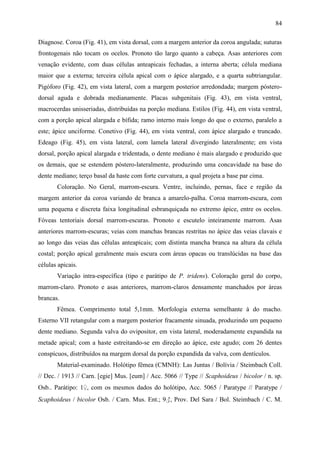 84

Diagnose. Coroa (Fig. 41), em vista dorsal, com a margem anterior da coroa angulada; suturas
frontogenais não tocam os ocelos. Pronoto tão largo quanto a cabeça. Asas anteriores com
venação evidente, com duas células anteapicais fechadas, a interna aberta; célula mediana
maior que a externa; terceira célula apical com o ápice alargado, e a quarta subtriangular.
Pigóforo (Fig. 42), em vista lateral, com a margem posterior arredondada; margem póstero-
dorsal aguda e dobrada medianamente. Placas subgenitais (Fig. 43), em vista ventral,
macrocerdas unisseriadas, distribuídas na porção mediana. Estilos (Fig. 44), em vista ventral,
com a porção apical alargada e bífida; ramo interno mais longo do que o externo, paralelo a
este; ápice unciforme. Conetivo (Fig. 44), em vista ventral, com ápice alargado e truncado.
Edeago (Fig. 45), em vista lateral, com lamela lateral divergindo lateralmente; em vista
dorsal, porção apical alargada e tridentada, o dente mediano é mais alargado e produzido que
os demais, que se estendem póstero-lateralmente, produzindo uma concavidade na base do
dente mediano; terço basal da haste com forte curvatura, a qual projeta a base par cima.
       Coloração. No Geral, marrom-escura. Ventre, incluindo, pernas, face e região da
margem anterior da coroa variando de branca a amarelo-palha. Coroa marrom-escura, com
uma pequena e discreta faixa longitudinal esbranquiçada no extremo ápice, entre os ocelos.
Fóveas tentoriais dorsal marrom-escuras. Pronoto e escutelo inteiramente marrom. Asas
anteriores marrom-escuras; veias com manchas brancas restritas no ápice das veias clavais e
ao longo das veias das células anteapicais; com distinta mancha branca na altura da célula
costal; porção apical geralmente mais escura com áreas opacas ou translúcidas na base das
células apicais.
       Variação intra-específica (tipo e parátipo de P. tridens). Coloração geral do corpo,
marrom-claro. Pronoto e asas anteriores, marrom-claros densamente manchados por áreas
brancas.
       Fêmea. Comprimento total 5,1mm. Morfologia externa semelhante à do macho.
Esterno VII retangular com a margem posterior fracamente sinuada, produzindo um pequeno
dente mediano. Segunda valva do ovipositor, em vista lateral, moderadamente expandida na
metade apical; com a haste estreitando-se em direção ao ápice, este agudo; com 26 dentes
conspícuos, distribuídos na margem dorsal da porção expandida da valva, com dentículos.
       Material-examinado. Holótipo fêmea (CMNH): Las Juntas / Bolívia / Steimbach Coll.
// Dec. / 1913 // Carn. [egie] Mus. [eum] / Acc. 5066 // Type // Scaphoideus / bicolor / n. sp.
Osb.. Parátipo: 1♀, com os mesmos dados do holótipo, Acc. 5065 / Paratype // Paratype /
Scaphoideus / bicolor Osb. / Carn. Mus. Ent.; 9♂, Prov. Del Sara / Bol. Steimbach / C. M.
 