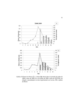 83
Gráfico 8 Número de flores ( ) e frutos ( ) observados no período de junho de
2008 a maio de 2009 (A) e de junho de 2009 a maio de 2010 (B), em
relação à precipitação na área experimental em Lavras, MG, sudeste
do Brasil.
 