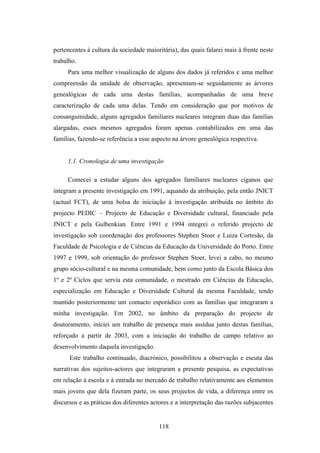 pertencentes à cultura da sociedade maioritária), das quais falarei mais à frente neste
trabalho.
     Para uma melhor visualização de alguns dos dados já referidos e uma melhor
compreensão da unidade de observação, apresentam-se seguidamente as árvores
genealógicas de cada uma destas famílias, acompanhadas de uma breve
caracterização de cada uma delas. Tendo em consideração que por motivos de
consanguinidade, alguns agregados familiares nucleares integram duas das famílias
alargadas, esses mesmos agregados foram apenas contabilizados em uma das
famílias, fazendo-se referência a esse aspecto na árvore genealógica respectiva.


     1.1. Cronologia de uma investigação

     Comecei a estudar alguns dos agregados familiares nucleares ciganos que
integram a presente investigação em 1991, aquando da atribuição, pela então JNICT
(actual FCT), de uma bolsa de iniciação à investigação atribuída no âmbito do
projecto PEDIC – Projecto de Educação e Diversidade cultural, financiado pela
JNICT e pela Gulbenkian. Entre 1991 e 1994 integrei o referido projecto de
investigação sob coordenação dos professores Stephen Stoer e Luiza Cortesão, da
Faculdade de Psicologia e de Ciências da Educação da Universidade do Porto. Entre
1997 e 1999, sob orientação do professor Stephen Stoer, levei a cabo, no mesmo
grupo sócio-cultural e na mesma comunidade, bem como junto da Escola Básica dos
1º e 2º Ciclos que servia esta comunidade, o mestrado em Ciências da Educação,
especialização em Educação e Diversidade Cultural da mesma Faculdade, tendo
mantido posteriormente um contacto esporádico com as famílias que integraram a
minha investigação. Em 2002, no âmbito da preparação do projecto de
doutoramento, iniciei um trabalho de presença mais assídua junto destas famílias,
reforçado a partir de 2003, com a iniciação do trabalho de campo relativo ao
desenvolvimento daquela investigação.
      Este trabalho continuado, diacrónico, possibilitou a observação e escuta das
narrativas dos sujeitos-actores que integraram a presente pesquisa, as expectativas
em relação à escola e à entrada no mercado de trabalho relativamente aos elementos
mais jovens que dela fizeram parte, os seus projectos de vida, a diferença entre os
discursos e as práticas dos diferentes actores e a interpretação das razões subjacentes


                                         118
 