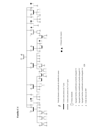Família C-1




     1                                                                                       2         3   4




                   Falecido durante a realização do trabalho de campo
                                                                                Cônjuges não ciganos
                   Uniões entre primos em 1º grau

                   Uniões entre primos em 2º ou 3º grau

                   Criança adoptada

              1 Agregado familiar contabilizado na família alargada F-2
              2 Agregado familiar contabilizado na família alargada P-3
              3 Agregado familiar contabilizado na família alargada C-4
                                                                          120
              4 União de facto em 2007
 