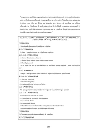 “no processo analítico, o pesquisador relaciona continuamente os conceitos teóricos
  com os fenômenos observáveis que podem ser relevantes. Trabalha com categorias
  teóricas, mas não as define de antemão em termos de conduta ou efeitos
  observáveis. Esta forma de análise permite a flexibilidade necessária para descobrir
  que formas particulares assume o processo que se estuda, a fim de interpretar-se seu
  sentido específico em determinado contexto.”


  SEGUNDO GUIÃO DE OBSERVAÇÃO (INCORPORAÇÃO DE CATEGORIAS
             EMERGENTES DA PESQUISA DE TERRENO)
CATEGORIA
1. Significado da categoria social de trabalho
SUB-CATEGORIA
1.1. O que é mais importante no trabalho que realizam
SUB-SUB-CATEGORIAS
1.1.1. Ganhar dinheiro para sobreviver
1.1.2. Ganhar muito dinheiro (poder comprar o que quiser);
1.1.3. Satisfação pessoal;
1.1.4. Ter tempo livre para: a) dedicar à família; b) dedicar aos amigos; c) dedicar a outras actividades de
lazer
SUB-CATEGORIA
1.2. O que é percepcionado como dimensões negativas do trabalho que realizam
SUB-SUB-CATEGORIAS
1.2.1. Levantar muito cedo
1.2.2. Incerteza dos ganhos
1.2.3. As intempéries (no Inverno e no Verão)
SUB-CATEGORIA
1.3 O que é percepcionado como dimensões positivas do trabalho que realizam
SUB-SUB-CATEGORIAS
1.3.1. Possibilidade de escolha de horários
1.3.2.Possibilidade de escolha dos dias de trabalho
1.3.3. Ausência de chefias
1.3.4. Autonomia de decisão
1.3.5. Possibilidade de conciliar trabalho com vigilância e educação dos filhos
1.3.6. Possibilidade de exercício de solidariedade intra-étnica.

CATEGORIA
2. Como agem os ciganos nos locais de trabalho
SUB-CATEGORIAS




                                                   153
 