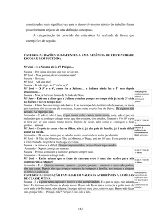 consideradas mais significativas para o desenvolvimento teórico do trabalho foram
  posteriormente objecto de uma definição conceptual.
        A categorização do conteúdo das entrevistas foi realizada da forma que
  exemplifico de seguida.



CATEGORIA: RAZÕES SUBJACENTES A UMA AUSÊNCIA DE CONTINUIDADE
ESCOLAR BEM SUCEDIDA

Mª José – E a Susana até à 4ª? Porque…
Susana – Por causa dos pais que não deixavam.
Mª José – Mas gostava de ter estudado mais?
Susana – Gostava.
Mª José – Até que ano?
Susana – Já não digo, ao 1º ciclo, o 5º.
Mª José – O 5º e o 6º, como fez a Juliana… a Juliana ainda fez o 5º mas depois
abandonou…                                                                                       Subcategoria:
                                                                                                 condicionamento
Susana – Mas já foi lá no bairro de S. João de Deus.                                             relativo à
Mª José – Está-me a dizer que a Juliana estudou porque no tempo dela já havia 2º ciclo pertença de
no Bairro e no seu tempo não?                                                                    género
Susana – Claro. No meu tempo não havia. E se no tempo dela também não houvesse, os meus
pais também não deixavam ela continuar, ir para outra escola fora do Bairro. Os ciganos não
deixam. As raparigas não.
Armando – E não é, não é isso, é que casam cedo, casam muito novos, sabe, não é por ser
malandro que eu conheço colegas meus que têm estudos, têm estudos, fizeram o 9ºo 10º e por
                                                                                                 SUBCATEGORI
aí fora até, só que casam muito novos. Depois de casar, sabe como é, começam a ficar A:
gordos… (risos)                                                                                  condicionamento
Mª José – Depois de casar vêm os filhos, não é, já são pais de família, já é mais difícil relativo à de
                                                                                                 realização
andar na escola.                                                                                 casamentos em
Armando – Há um ou outro que se estudar muito, mas também acaba por desistir.                    idade precoce.
Mª José – O filho da Mimosa, o filho da Mimosa, o Tiago, está no 10º ano. E ele queria ir para
a Universidade, eu gostava muito que ele fosse.
Susana – A maioria, é difícil. Ficam comprometidos, depois ficam logo casados.
 Armando– Depois começa ao namoro.
                                                                                                 SUBCATEGORI
Susana – Pronto, começam a namorar, perdem sempre tudo.                                          A: idem
Armando – O namoro estraga tudo.
Mª José – Então acham que o facto de casarem cedo é uma das razões para não SUBCATEGORI
continuarem a estudar?                                                                           A: idem
Armando – É, é. Querem namorar, querem… pronto, querem… namorar e como não podem,
têm que casar. Depois têm que arranjar maneira de sustentar a família, aos poucos e chegam
os filhos e acabou-se.                                                                           Subcategoria:
CATEGORIA: EDUCAÇÃO FAMILIAR EM VALORES ATRIBUÍVEIS A FAMÍLIAS importância da
                                                                                                 explicação (em
DE CLASSE MÉDIA                                                                                  vez da punição)
Susana - É e a gente tenta explicar o motivo e eles compreendem. É o que eu digo, não adianta para a
bater. Eu tenho o meu Bruno, se disser assim: Bruno não faças isso e começar a gritar com ele compreensão da
                                                                                                 situação.
ou ir atrás e ir-lhe bater, não adianta. Eu pego nele no meu colo, sento-o aqui: Bruno não faças
isto, porque isto… Porquê, mãe? Porque é isto, isto e isto.




                                                182
 