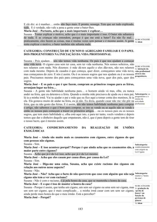 E ele diz: ai é manhee… então não faço mais. E pronto, sossega. Tem que ser tudo explicado,
tudo. E é verdade, não vale a pena a gente estar a bater-lhes.
Maria José – Portanto, acha que o mais importante é explicar…
Susana - Tentar explicar o motivo, acho que é o mais importante é isso. O bater não adiantava
de nada. E as crianças não entendem, porque é que me está a bater? Eu não fiz mal…
                                                                                                  SUBCATEGORI
praticamente, eles fazem as coisas, mas é muitas vezes sem pensar e é mesmo assim. A gente        A: idem
tenta explicar o motivo, o bater também não adianta nada.

CATEGORIA: CONSTRUÇÃO DE UM NOVO AGREGADO FAMILIAR E O PAPEL
DOS PROGENITORES NA INICIAÇÃO DA VIDA PROFISSIONAL

Susana - Pois ajudam… nós não temos vida nenhuma. Os pais é que nos ajudam a começar
uma vida nova. O cigano casa sem ter casa, sem ter vida nenhuma. Nós somos solteiros, não
                                                                                                  SUBCATEGORI
nos ralamos com nada. Nós dizemos: ó mãe dá-nos aquilo e eles dão-nos, não nos ralamos            A: iniciação da
com nada mesmo. Depois de casados é que começa, quer dizer, começamos uma vida nova,              vida profissional
mas começamos do zero. E nós é assim. Ou é os nossos sogros que nos ajudam ou é os nossos         através dos
                                                                                                  progenitores.
pais. Precisamos mesmo dos pais para começarmos uma vida nova, quer dos pais, quer dos
sogros.
Maria José – E os pais o que é que fazem, compram as primeiras roupas para as feiras,
arranjam lugar na feira…
Susana - A gente não habilidade nenhuma para… o homem ainda vá mas, olhe, eu nunca
andei na feira, que eu detestava a feira. Quando a minha mãe precisava de ajuda ou o meu pai,     Subcategoria: os
                                                                                                  progenitores e o
lá ia a minha irmã. Vai tu ajudar o pai e mãe que eu fico aqui a tomar conta dos meninos, lá ia   ensino da
ela. Ela gostava muito de andar na feira, eu já não. Eu dizia, quando casar não me vão pôr na     actividade
feira, que eu não gosto das feiras. E é assim, nós não temos habilidade nenhuma para comprar      profissional
o artigo, não sabemos o que é bom para comprar, se isto se vende ou se aquilo não se vende e
então os nossos pais começam a trazer os primeiros artigos… ou os nossos pais ou os nossos
sogros, que tem mais habilidade e, olha está aqui isto, e para ter tanto, vocês vendem e depois
temos que dar o dinheiro daquilo que empataram, não é, que é para depois a gente tem de tirar
o nosso lucro, que é mesmo assim.

CATEGORIA:          CONDICIONAMENTO              DA      REALIZAÇÃO           DE     UNIÕES
EXOGÂMICAS

Maria José – Ainda são muito mais os casamentos com ciganos, entre ciganos do que
com pessoas não ciganas.
Susana - Sim.                                                                                     Subcategoria:
Maria José – E isso acontece porquê? Porque é que ainda acha que os casamentos são, a             condicionamento
                                                                                                  com origem na
maior parte entre ciganos?                                                                        Lei Cigana
Susana - Acho que já é da Lei isso, acho que já é da Lei mesmo.
Maria José – Acha que eles casam por causa disso, por causa da Lei?
Susana - Sim.
Maria José – Diga-me uma coisa, Susana, acha que existe racismo dos ciganos em
relação aos outros nesse aspecto?
Susana - Não.
Maria José – Não? Acha que o facto de não quererem que case com alguém que não seja               Subcategoria:
                                                                                                  manter a ‘honra
cigano não tem a ver com racismo?                                                                 da casa’.
Susana - Não é com o racismo, é já pela honra da casa, que se mantenha a honra da casa.
Maria José – E o que é isso de manter a honra da casa?
                                                                                                  SUBCATEGORI
Susana - Porque é assim, que tenha um cigano, um sem ser cigano ou uma sem ser cigana, mas        A: gradação da
um sem ser cigano, que é mais complicado… a minha irmã casar com um sem ser cigano,               ‘perda de
                                                                                                  honra’ em
ainda perde mais honra do que o meu irmão. Está a perceber?                                       função da
Maria José – Porquê?                                                                              pertença de
                                                                                                  género
                                                                                                  SUBCATEGORI
                                                                                                  A: idem

                                              183
 