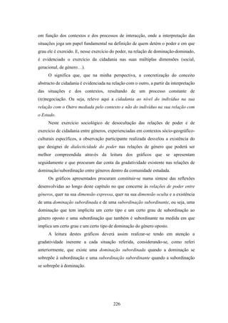 em função dos contextos e dos processos de interacção, onde a interpretação das
situações joga um papel fundamental na definição de quem detém o poder e em que
grau ele é exercido. E, nesse exercício do poder, na relação de dominação-dominado,
é evidenciado o exercício da cidadania nas suas múltiplas dimensões (social,
geracional, de género…).
     O significa que, que na minha perspectiva, a concretização do conceito
abstracto de cidadania é evidenciada na relação com o outro, a partir da interpretação
das situações e dos contextos, resultando de um processo constante de
(re)negociação. Ou seja, relevo aqui a cidadania ao nível do indivíduo na sua
relação com o Outro mediada pelo contexto e não do indivíduo na sua relação com
o Estado.
     Neste exercício sociológico de desocultação das relações de poder e de
exercício de cidadania entre géneros, experienciadas em contextos sócio-geográfico-
culturais específicos, a observação participante realizada desvelou a existência do
que designei de dialecticidade do poder nas relações de género que poderá ser
melhor compreendida através da leitura dos gráficos que se apresentam
seguidamente e que procuram dar conta da gradatividade existente nas relações de
dominação/subordinação entre géneros dentro da comunidade estudada.
     Os gráficos apresentados procuram constituir-se numa síntese das reflexões
desenvolvidas ao longo deste capítulo no que concerne às relações de poder entre
géneros, quer na sua dimensão expressa, quer na sua dimensão oculta e a existência
de uma dominação subordinada e de uma subordinação subordinante, ou seja, uma
dominação que tem implícita um certo tipo e um certo grau de subordinação ao
género oposto e uma subordinação que também é subordinante na medida em que
implica um certo grau e um certo tipo de dominação do género oposto.
     A leitura destes gráficos deverá assim realizar-se tendo em atenção a
gradatividade inerente a cada situação referida, considerando-se, como referi
anteriormente, que existe uma dominação subordinada quando a dominação se
sobrepõe à subordinação e uma subordinação subordinante quando a subordinação
se sobrepõe à dominação.




                                         226
 