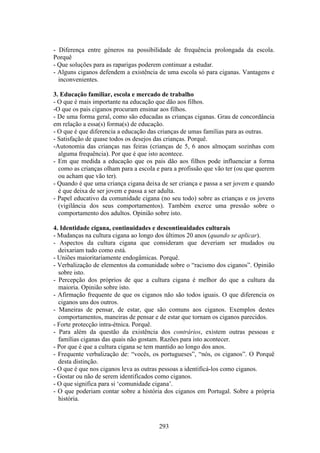 - Diferença entre géneros na possibilidade de frequência prolongada da escola.
Porquê
- Que soluções para as raparigas poderem continuar a estudar.
- Alguns ciganos defendem a existência de uma escola só para ciganas. Vantagens e
  inconvenientes.

3. Educação familiar, escola e mercado de trabalho
- O que é mais importante na educação que dão aos filhos.
-O que os pais ciganos procuram ensinar aos filhos.
- De uma forma geral, como são educadas as crianças ciganas. Grau de concordância
em relação a essa(s) forma(s) de educação.
- O que é que diferencia a educação das crianças de umas famílias para as outras.
- Satisfação de quase todos os desejos das crianças. Porquê.
-Autonomia das crianças nas feiras (crianças de 5, 6 anos almoçam sozinhas com
  alguma frequência). Por que é que isto acontece.
- Em que medida a educação que os pais dão aos filhos pode influenciar a forma
  como as crianças olham para a escola e para a profissão que vão ter (ou que querem
  ou acham que vão ter).
- Quando é que uma criança cigana deixa de ser criança e passa a ser jovem e quando
  é que deixa de ser jovem e passa a ser adulta.
- Papel educativo da comunidade cigana (no seu todo) sobre as crianças e os jovens
  (vigilância dos seus comportamentos). Também exerce uma pressão sobre o
  comportamento dos adultos. Opinião sobre isto.

4. Identidade cigana, continuidades e descontinuidades culturais
- Mudanças na cultura cigana ao longo dos últimos 20 anos (quando se aplicar).
- Aspectos da cultura cigana que consideram que deveriam ser mudados ou
  deixariam tudo como está.
- Uniões maioritariamente endogâmicas. Porquê.
- Verbalização de elementos da comunidade sobre o “racismo dos ciganos”. Opinião
  sobre isto.
- Percepção dos próprios de que a cultura cigana é melhor do que a cultura da
  maioria. Opinião sobre isto.
- Afirmação frequente de que os ciganos não são todos iguais. O que diferencia os
  ciganos uns dos outros.
- Maneiras de pensar, de estar, que são comuns aos ciganos. Exemplos destes
  comportamentos, maneiras de pensar e de estar que tornam os ciganos parecidos.
- Forte protecção intra-étnica. Porquê.
- Para além da questão da existência dos contrários, existem outras pessoas e
  famílias ciganas das quais não gostam. Razões para isto acontecer.
- Por que é que a cultura cigana se tem mantido ao longo dos anos.
- Frequente verbalização de: “vocês, os portugueses”, “nós, os ciganos”. O Porquê
  desta distinção.
- O que é que nos ciganos leva as outras pessoas a identificá-los como ciganos.
- Gostar ou não de serem identificados como ciganos.
- O que significa para si ‘comunidade cigana’.
- O que poderiam contar sobre a história dos ciganos em Portugal. Sobre a própria
  história.



                                        293
 
