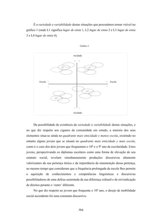 É a variedade e variabilidade destas situações que procurámos tornar visível no
gráfico 1 (onde L1 significa lugar de etnia 1, L2 lugar de etnia 2 e L3 lugar de etnia
3 e L4 lugar de etnia 4).


                                                        Gráfico 1



                                             Etnicidade

                                               +   +

                                   L1                            L2




           Escola -                                                              +   Escola

                     -                                                           +

                                                              L3 ?



                           L4 ?




                                               -    -

                                             Etnicidade




     Da possibilidade de existência da variedade e variabilidade destas situações, e
no que diz respeito aos ciganos da comunidade em estudo, a maioria dos seus
elementos situa-se ainda no quadrante mais etnicidade e menos escola, existindo no
entanto alguns jovens que se situam no quadrante mais etnicidade e mais escola,
como é o caso dos dois jovens que frequentam o 10º e o 9º ano de escolaridade. Estes
jovens, perspectivando os diplomas escolares como uma forma de elevação do seu
estatuto   social,       revelam        simultaneamente              produções   discursivas   altamente
valorizantes da sua pertença étnica e da importância da manutenção dessa pertença,
ao mesmo tempo que consideram que a frequência prolongada da escola lhes permite
a aquisição de conhecimentos e competências linguísticas e discursivas
possibilitadores de uma defesa sustentada da sua diferença cultural e de reivindicação
de direitos perante o ‘outro’ diferente.
     No que diz respeito ao jovem que frequenta o 10º ano, o desejo de mobilidade
social ascendente foi uma constante discursiva:



                                                   364
 