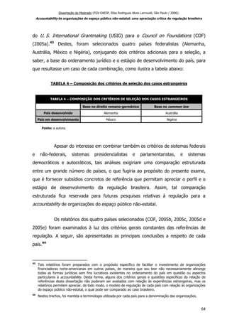 Dissertação de Mestrado (FGV-EAESP, Elisa Rodrigues Alves Larroudé, São Paulo / 2006):
Accountability de organizações do espaço público não-estatal: uma apreciação crítica da regulação brasileira
do U. S. International Grantmaking (USIG) para o Council on Foundations (COF)
(2005a).43
Destes, foram selecionados quatro países federalistas (Alemanha,
Austrália, México e Nigéria), conjugando dois critérios adicionais para a seleção, a
saber, a base do ordenamento jurídico e o estágio de desenvolvimento do país, para
que resultasse um caso de cada combinação, como ilustra a tabela abaixo:
TABELA 4 – Composição dos critérios de seleção dos casos estrangeiros
Base no direito romano-germânico Base no common law
País desenvolvido Alemanha Austrália
País em desenvolvimento México Nigéria
Fonte: a autora.
TABELA 4 – COMPOSIÇÃO DOS CRITÉRIOS DE SELEÇÃO DOS CASOS ESTRANGEIROS
Apesar do interesse em combinar também os critérios de sistemas federais
e não-federais, sistemas presidencialistas e parlamentaristas, e sistemas
democráticos e autocráticos, tais análises exigiriam uma comparação estruturada
entre um grande número de países, o que fugiria ao propósito do presente exame,
que é fornecer subsídios concretos de referência que permitam apreciar o perfil e o
estágio de desenvolvimento da regulação brasileira. Assim, tal comparação
estruturada fica reservada para futuras pesquisas relativas à regulação para a
accountability de organizações do espaço público não-estatal.
Os relatórios dos quatro países selecionados (COF, 2005b, 2005c, 2005d e
2005e) foram examinados à luz dos critérios gerais constantes das referências de
regulação. A seguir, são apresentadas as principais conclusões a respeito de cada
país.44
43
Tais relatórios foram preparados com o propósito específico de facilitar o investimento de organizações
financiadoras norte-americanas em outros países, de maneira que seu teor não necessariamente abrange
todas as formas jurídicas sem fins lucrativos existentes no ordenamento do país em questão ou aspectos
particulares à accountability. Desta forma, alguns dos critérios gerais e questões específicas da relação de
referências desta dissertação não puderam ser avaliados com relação às experiências estrangeiras, mas os
relatórios permitem apreciar, de todo modo, o modelo de regulação de cada país com relação às organizações
do espaço público não-estatal, o qual pode ser comparado ao caso brasileiro.
44
Nestes trechos, foi mantida a terminologia utilizada por cada país para a denominação das organizações.
64
 