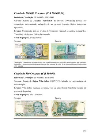Cédula de 100.000 Cruzeiros (Cr$ 100.000,00)
Período de Circulação: 03/10/1985 a 15/03/1990
Anverso: Retrato de Juscelino Kubitschek de Oliveira (1902-1976) ladeado por
composições representando realizações de seu governo (energia elétrica, transportes,
agricultura).
Reverso: Composição com os prédios do Congresso Nacional ao centro, à esquerda o
"Catetinho" e à direita o Palácio da Alvorada.
Autor do projeto: Álvaro Martins.
Anverso                                                     Reverso




Observação: Essa mesma estampa circula com o padrão monetário corrigido, primeiramente por “carimbo”
tipográfico e posteriormente através de alteração das legendas do valor facial, como cédula de 100 Cruzados
(Cz$ 100,00).



Cédula de 500 Cruzados (Cz$ 500,00)
Período de Circulação: 20/10/1986 a 31/10/1990
Anverso: Retrato de Heitor Villa-Lobos (1887-1959), ladeado por representação de
vitórias-régias.
Reverso: Villa-Lobos regendo; ao fundo, vista de uma floresta brasileira baseada em
gravura de Rugendas.
Autor do projeto: Júlio Guimarães.
Anverso                                                     Reverso




                                                                                                      295
 