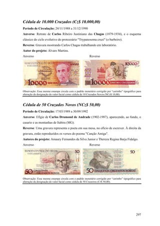 Cédula de 10.000 Cruzados (Cz$ 10.000,00)
Período de Circulação: 24/11/1988 a 31/12/1990
Anverso: Retrato de Carlos Ribeiro Justiniano das Chagas (1879-1934), e o esquema
clássico do ciclo evolutivo do protozoário "Trypanosoma cruzi" (o barbeiro).
Reverso: Gravura mostrando Carlos Chagas trabalhando em laboratório.
Autor do projeto: Álvaro Martins.
Anverso                                                  Reverso




Observação: Essa mesma estampa circula com o padrão monetário corrigido por “carimbo” tipográfico para
alteração da designação do valor facial como cédula de 10 Cruzados Novos (NCz$ 10,00).



Cédula de 50 Cruzados Novos (NCz$ 50,00)
Período de Circulação: 17/03/1989 a 30/09/1992
Anverso: Efígie de Carlos Drumond de Andrade (1902-1987), aparecendo, ao fundo, o
casario e as montanhas de Itabira (MG).
Reverso: Uma gravura representa o poeta em sua mesa, no ofício de escrever. À direita da
gravura, estão reproduzidos os versos do poema "Canção Amiga".
Autores do projeto: Amaury Fernandes da Silva Junior e Thereza Regina Barja Fidalgo.
Anverso                                                  Reverso




Observação: Essa mesma estampa circula com o padrão monetário corrigido por “carimbo” tipográfico para
alteração da designação do valor facial como cédula de 50 Cruzeiros (Cr$ 50,00).




                                                                                                 297
 
