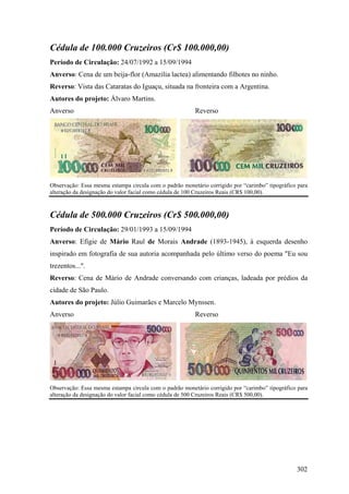 Cédula de 100.000 Cruzeiros (Cr$ 100.000,00)
Período de Circulação: 24/07/1992 a 15/09/1994
Anverso: Cena de um beija-flor (Amazilia lactea) alimentando filhotes no ninho.
Reverso: Vista das Cataratas do Iguaçu, situada na fronteira com a Argentina.
Autores do projeto: Álvaro Martins.
Anverso                                                  Reverso




Observação: Essa mesma estampa circula com o padrão monetário corrigido por “carimbo” tipográfico para
alteração da designação do valor facial como cédula de 100 Cruzeiros Reais (CR$ 100,00).



Cédula de 500.000 Cruzeiros (Cr$ 500.000,00)
Período de Circulação: 29/01/1993 a 15/09/1994
Anverso: Efígie de Mário Raul de Morais Andrade (1893-1945), à esquerda desenho
inspirado em fotografia de sua autoria acompanhada pelo último verso do poema "Eu sou
trezentos...".
Reverso: Cena de Mário de Andrade conversando com crianças, ladeada por prédios da
cidade de São Paulo.
Autores do projeto: Júlio Guimarães e Marcelo Mynssen.
Anverso                                                  Reverso




Observação: Essa mesma estampa circula com o padrão monetário corrigido por “carimbo” tipográfico para
alteração da designação do valor facial como cédula de 500 Cruzeiros Reais (CR$ 500,00).




                                                                                                 302
 