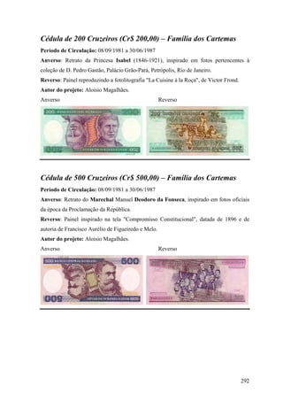 Cédula de 200 Cruzeiros (Cr$ 200,00) – Família dos Cartemas
Período de Circulação: 08/09/1981 a 30/06/1987
Anverso: Retrato da Princesa Isabel (1846-1921), inspirado em fotos pertencentes à
coleção de D. Pedro Gastão, Palácio Grão-Pará, Petrópolis, Rio de Janeiro.
Reverso: Painel reproduzindo a fotolitografia "La Cuisine à la Roça", de Victor Frond.
Autor do projeto: Aloisio Magalhães.
Anverso                                              Reverso




Cédula de 500 Cruzeiros (Cr$ 500,00) – Família dos Cartemas
Período de Circulação: 08/09/1981 a 30/06/1987
Anverso: Retrato do Marechal Manuel Deodoro da Fonseca, inspirado em fotos oficiais
da época da Proclamação da República.
Reverso: Painel inspirado na tela "Compromisso Constitucional", datada de 1896 e de
autoria de Francisco Aurélio de Figueiredo e Melo.
Autor do projeto: Aloisio Magalhães.
Anverso                                              Reverso




                                                                                         292
 