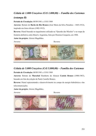 Cédula de 1.000 Cruzeiros (Cr$ 1.000,00) – Família dos Cartemas
(estampa B)
Período de Circulação: 08/09/1981 a 15/01/1989
Anverso: Retrato do Barão do Rio Branco (José Maria da Silva Paranhos - 1845-1912),
inspirado em fotos oficiais (1902-1912).
Reverso: Painel baseado no taqueômetro utilizado na "Questão das Missões" e no mapa da
fronteira definitiva entre Brasil e Argentina, feito por Dionísio Cerqueira, em 1904.
Autor do projeto: Aloisio Magalhães.
Anverso                                             Reverso




Cédula de 5.000 Cruzeiros (Cr$ 5.000,00) – Família dos Cartemas
Período de Circulação: 08/09/1981 a 15/01/1989
Anverso: Retrato do Marechal Humberto de Alencar Castelo Branco (1900-1967),
baseado em foto da coleção de Paulo Castello Branco.
Reverso: Painel representando o desenvolvimento no campo da energia hidrelétrica e das
telecomunicações.
Autor do projeto: Aloisio Magalhães.
Anverso                                             Reverso




                                                                                        293
 