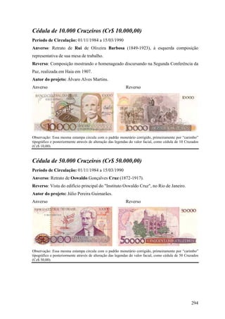 Cédula de 10.000 Cruzeiros (Cr$ 10.000,00)
Período de Circulação: 01/11/1984 a 15/03/1990
Anverso: Retrato de Rui de Oliveira Barbosa (1849-1923), à esquerda composição
representativa de sua mesa de trabalho.
Reverso: Composição mostrando o homenageado discursando na Segunda Conferência da
Paz, realizada em Haia em 1907.
Autor do projeto: Álvaro Alves Martins.
Anverso                                                    Reverso




Observação: Essa mesma estampa circula com o padrão monetário corrigido, primeiramente por “carimbo”
tipográfico e posteriormente através de alteração das legendas do valor facial, como cédula de 10 Cruzados
(Cz$ 10,00).



Cédula de 50.000 Cruzeiros (Cr$ 50.000,00)
Período de Circulação: 01/11/1984 a 15/03/1990
Anverso: Retrato de Oswaldo Gonçalves Cruz (1872-1917).
Reverso: Vista do edifício principal do "Instituto Oswaldo Cruz", no Rio de Janeiro.
Autor do projeto: Júlio Pereira Guimarães.
Anverso                                                    Reverso




Observação: Essa mesma estampa circula com o padrão monetário corrigido, primeiramente por “carimbo”
tipográfico e posteriormente através de alteração das legendas do valor facial, como cédula de 50 Cruzados
(Cz$ 50,00).




                                                                                                     294
 