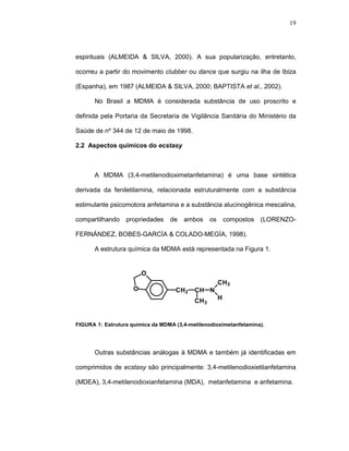 19




espirituais (ALMEIDA & SILVA, 2000). A sua popularização, entretanto,

ocorreu a partir do movimento clubber ou dance que surgiu na ilha de Ibiza

(Espanha), em 1987 (ALMEIDA & SILVA, 2000; BAPTISTA et al., 2002).

      No Brasil a MDMA é considerada substância de uso proscrito e

definida pela Portaria da Secretaria de Vigilância Sanitária do Ministério da

Saúde de nº 344 de 12 de maio de 1998.

2.2 Aspectos químicos do ecstasy



      A MDMA (3,4-metilenodioximetanfetamina) é uma base sintética

derivada da feniletilamina, relacionada estruturalmente com a substância

estimulante psicomotora anfetamina e a substância alucinogênica mescalina,

compartilhando    propriedades    de   ambos     os       compostos   (LORENZO-

FERNÁNDEZ, BOBES-GARCÍA & COLADO-MEGÍA, 1998).

      A estrutura química da MDMA está representada na Figura 1.


                         O
                                                      CH3
                     O              CH2    CH N
                                           CH3        H



FIGURA-1:-Estrutura química da MDMA (3,4-metilenodioximetanfetamina).




      Outras substâncias análogas à MDMA e também já identificadas em

comprimidos de ecstasy são principalmente: 3,4-metilenodioxietilanfetamina

(MDEA), 3,4-metilenodioxianfetamina (MDA), metanfetamina e anfetamina.
 