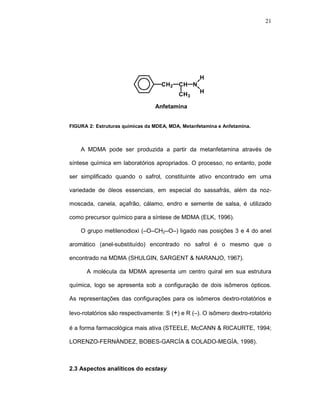 21




                                                   H
                                    CH2   CH N
                                          CH3      H

                                 Anfetamina


FIGURA-2:-Estruturas químicas da MDEA, MDA, Metanfetamina e Anfetamina.



    A MDMA pode ser produzida a partir da metanfetamina através de

síntese química em laboratórios apropriados. O processo, no entanto, pode

ser simplificado quando o safrol, constituinte ativo encontrado em uma

variedade de óleos essenciais, em especial do sassafrás, além da noz-

moscada, canela, açafrão, cálamo, endro e semente de salsa, é utilizado

como precursor químico para a síntese de MDMA (ELK, 1996).

    O grupo metilenodioxi (–O–CH2–O–) ligado nas posições 3 e 4 do anel

aromático (anel-substituído) encontrado no safrol é o mesmo que o

encontrado na MDMA (SHULGIN, SARGENT & NARANJO, 1967).

      A molécula da MDMA apresenta um centro quiral em sua estrutura

química, logo se apresenta sob a configuração de dois isômeros ópticos.

As representações das configurações para os isômeros dextro-rotatórios e

levo-rotatórios são respectivamente: S (+) e R (–). O isômero dextro-rotatório

é a forma farmacológica mais ativa (STEELE, McCANN & RICAURTE, 1994;

LORENZO-FERNÁNDEZ, BOBES-GARCÍA & COLADO-MEGÍA, 1998).



2.3 Aspectos analíticos do ecstasy
 