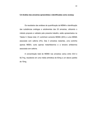 68




5.4 Análise das amostras apreendidas e identificadas como ecstasy




      Os resultados das análises de quantificação da MDMA e identificação

das substâncias análogas e adulterantes das 25 amostras, utilizando o

método proposto e validado pelo presente trabalho, estão apresentados na

Tabela 5. Desse total, 21 continham somente MDMA (84%) e uma MDMA

associada com cafeína (4%). Das 3 amostras restantes, uma continha

apenas MDEA, outra apenas metanfetamina e a terceira anfetamina

associada com cafeína.


      A concentração total de MDMA nas amostras variou entre 30,9 e

92,7mg, resultando em uma média aritmética de 63mg e um desvio padrão

de 15mg.
 