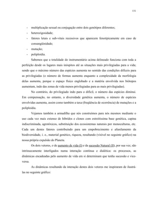 131




   -     multiplicação sexual ou conjugação entre dois genótipos diferentes;
   -     heterozigosidade;
   -     fatores letais e sub-vitais recessivos que aparecem fenotipicamente em caso de
         consangüinidade;
   -     mutação;
   -     poliploidia.
         Sabemos que a totalidade do instrumentário acima delineado funciona com toda a
perfeição desde os lugares mais inóspitos até as situações mais privilegiadas para a vida;
sendo que o máximo número das espécies aumenta no sentido das condições difíceis para
as privilegiadas (o número de formas aumenta enquanto a complexidade da morfologia
delas aumenta, porque o espaço físico englobado e a matéria envolvida nos biótopos
aumentam, indo das zonas de vida menos privilegiadas para as mais privilegiadas).
         No contrário, do privilegiado indo para o difícil, o número das espécies diminui.
Em compensação, no entanto, a diversidade genética aumenta, o número de espécies
envolvidas aumenta, assim como também a taxa (freqüência de ocorrência) de mutações e a
poliploidia.
         Vejamos também a armadilha que nós construímos para nós mesmos mediante o
uso cada vez mais extenso de híbridos e clones com estreitíssima base genética, capina
indiscriminada, agrotóxicos, substituição dos ecossistemas naturais por monoculturas, etc.
Cada um destes fatores contribuindo para um empobrecimento e afunilamento da
biodiversidade, i. e., material genético, riqueza, resultando (visível no seguinte gráfico) na
nossa própria expulsão do Planeta.
         Os dois vetores, o de aumento de vida (I) e da sucessão Natural (II), por sua vez, são
intrinsecamente interligados numa interação contínua e dialética: os processos, as
dinâmicas encadeadas pelo aumento de vida em si determinam que tenha sucessão e vice-
versa.
         As dinâmicas resultando da interação destes dois vetores me inspiraram de ilustrá-
las no seguinte gráfico:
 