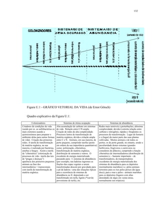 132




     Figura U.1 - GRÁFICO VETORIAL DA VIDA (de Ernst Götsch)

     Quadro explicativo da Figura U.1:

          Colonizadores                       Sistemas de ótima ocupação                         Sistemas de abundância
Criadores de condições de vida        Alta acumulação de carbono em sistemas        Redes mais sensíveis a perturbações; altíssima
(sendo por ex. as sulfobactérias os   de vida. Relação entre C/N ampla.             complexidade; devida à estreita relação entre
mais extremos usando a                Criação de redes de alta complexidade.        carbono e nitrogênio, rápidos e freqüentes os
quimiossíntese para preparar o        Processos lentos de transformação de          processos de transformação. Lugar do homem
ambiente delas para outras formas     matéria orgânica, devida a relação ampla      e o (lugar) da maior parte das suas plantas
de vida). Criação das primeiras       entre C e N. Animais, em sua maioria, de      cultivadas. Muitos animais e de todos os
redes. A tarefa de transformação      porte pequeno, cumprindo tarefas (posto       portes; os de porte grande, no entanto, sendo a
de matéria orgânica, na sua           em ordem da sua importância quantitativa)     peculiaridade destes sistemas (grandes
maioria, é realizada por bactérias,   como: polinização, cibernética,               herbívoros, frugívoros e carnívoros ou
amebas e fungos. Assim a tarefa       transformação de matéria orgânica,            comedores de plâncto), cumprindo a função
de “cibernética” (otimização de       distribuição de sementes e outros. O          cibernética de intermediadores (distribuição de
processos de vida - tarefa das tais   excedente de energia materializada            sementes) e – bastante importante – de
de “pragas e doenças”)                passando para: I. sistemas de abundância      transformadores, de transportadores
aparência dos primeiros pequenos      (por exemplo, nas ladeiras íngremes as        excedentes de energia materializada dos
animais na fase dos                   frações das copas vegetais a serem            sistemas de abundância para os depósitos
intermediários + transicionais        transformadas descem por gravidade para       (normalmente marinhos) i.e. pelos animais
com tarefa de transformação de        o pé da ladeira - uma das situações típicas   terrestres para os rios pelos peixes (de água
matéria orgânica.                     para a ocorrência de sistemas de              doce), para o mar e pelos - animais marinhos
                                      abundância ou II. depositado a ser            para os depósitos (lugares com altas
                                      transformado em turfa, lignite (*carvão       densidades de algas em vastas áreas,
                                      proveniente de turfa), etc.                   normalmente nos trópicos).
 
