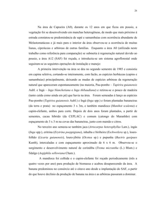 26




       Na área de Capoeira (A0), durante os 12 anos em que ficou em pousio, a
vegetação foi se desenvolvendo em manchas heterogêneas, de modo que mais próximo à
estrada constatou-se predominância de sapé e samambaias com ocorrência abundante de
Melastomatáceas e já mais para o interior da área observou-se a ocorrência de muitas
lianas, ciperáceas e arbóreas de outras famílias. Enquanto a área A0 (utilizada neste
trabalho como referência para comparação) se submetia à regeneração natural devido ao
pousio, a área A12 (SAF) foi roçada, e introduziu-se um sistema agroflorestal onde
seguiram-se as seguintes operações de instalação e manejo:
       A primeira intervenção na área se deu no segundo semestre de 1985 e consistiu
em capina seletiva, cortando-se inteiramente, com facão, as espécies herbáceas (capins e
samambaias) principalmente, deixando as mudas de espécies arbóreas da regeneração
natural que apareceram espontaneamente (na maioria, Pau-pombo – Tapirira guianensis
Aubl. e Ingá – Inga blanchetiana e Inga thibaudiana) e retirou-se o pouco de madeira
(tanto caída como ainda em pé) que havia na área. Foram semeadas à lanço as espécies
Pau-pombo (Tapirira guianensis Aubl.) e Ingá (Inga spp.) e foram plantadas bananeiras
(da terra e prata) no espaçamento 3 x 3m, e também mandioca (Manihot sculenta) e
capim-elefante, ambos para corte. Depois de dois anos foram plantados, a partir de
sementes, cacau híbrido (da CEPLAC) e comum (catongo do Maranhão) com
espaçamento de 3 x 3 m na covas das bananeiras, junto com mamão e citros.
       No terceiro ano semeou-se também jaca (Artocarpus heterophyllus Lam.), ingás
(Inga spp.), eritrina (Erytrina poeppigiana), inhaíba e biribeira (Eschweilera sp.), louro-
folhão (Licaria guianensis), louro-jibóia (Ocotea sp.) e pupunha (Bactris gasipaes
Kunth), intercaladas e com espaçamento aproximado de 6 x 6 m.              Observou-se o
surgimento e desenvolvimento natural de corindiba (Trema micrantha (L.) Blum.) e
fidalgo (Aegiphila sellowiana Cham.).
        A mandioca foi colhida e o capim-elefante foi roçado periodicamente (três a
quatro vezes por ano) para produção de biomassa e acabou desaparecendo da área. A
banana predominou no consórcio até o oitavo ano desde a implantação do SAF, a partir
do que houve declínio da produção de banana na área e as arbóreas passaram a dominar.
 