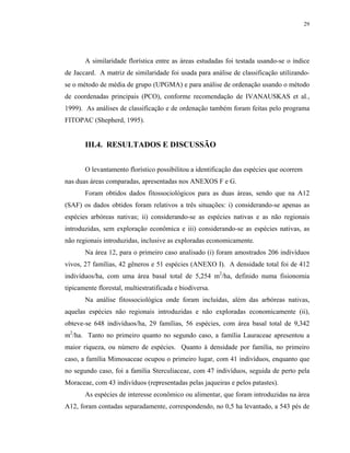 29




       A similaridade florística entre as áreas estudadas foi testada usando-se o índice
de Jaccard. A matriz de similaridade foi usada para análise de classificação utilizando-
se o método de média de grupo (UPGMA) e para análise de ordenação usando o método
de coordenadas principais (PCO), conforme recomendação de IVANAUSKAS et al.,
1999). As análises de classificação e de ordenação também foram feitas pelo programa
FITOPAC (Shepherd, 1995).


       III.4. RESULTADOS E DISCUSSÃO


       O levantamento florístico possibilitou a identificação das espécies que ocorrem
nas duas áreas comparadas, apresentadas nos ANEXOS F e G.
       Foram obtidos dados fitossociológicos para as duas áreas, sendo que na A12
(SAF) os dados obtidos foram relativos a três situações: i) considerando-se apenas as
espécies arbóreas nativas; ii) considerando-se as espécies nativas e as não regionais
introduzidas, sem exploração econômica e iii) considerando-se as espécies nativas, as
não regionais introduzidas, inclusive as exploradas economicamente.
       Na área 12, para o primeiro caso analisado (i) foram amostrados 206 indivíduos
vivos, 27 famílias, 42 gêneros e 51 espécies (ANEXO I). A densidade total foi de 412
indivíduos/ha, com uma área basal total de 5,254 m2/ha, definido numa fisionomia
tipicamente florestal, multiestratificada e biodiversa.
       Na análise fitossociológica onde foram incluídas, além das arbóreas nativas,
aquelas espécies não regionais introduzidas e não exploradas economicamente (ii),
obteve-se 648 indivíduos/ha, 29 famílias, 56 espécies, com área basal total de 9,342
m2/ha. Tanto no primeiro quanto no segundo caso, a família Lauraceae apresentou a
maior riqueza, ou número de espécies. Quanto à densidade por família, no primeiro
caso, a família Mimosaceae ocupou o primeiro lugar, com 41 indivíduos, enquanto que
no segundo caso, foi a família Sterculiaceae, com 47 indivíduos, seguida de perto pela
Moraceae, com 43 indivíduos (representadas pelas jaqueiras e pelos patastes).
       As espécies de interesse econômico ou alimentar, que foram introduzidas na área
A12, foram contadas separadamente, correspondendo, no 0,5 ha levantado, a 543 pés de
 