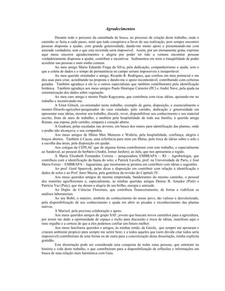 Agradecimentos
          Durante todo o percurso da caminhada de busca, no processo de criação deste trabalho, onde o
caminho se fazia a cada passo, senti que tudo conspirava a favor de sua realização, pois sempre encontrei
pessoas dispostas a ajudar, com grande generosidade, dando-me muito apoio e presenteando-me com
amizade verdadeira, sem o que esta investida seria impossível. Assim, por ser eternamente grata, exprimo
aqui meus sinceros agradecimentos e alegria por poder ter tido a ventura encontrar pessoas
verdadeiramente dispostas a ajudar, contribuir e incentivar. Sedimentou em mim a tranqüilidade de poder
acreditar nas pessoas e num sonho comum.
          Ao meu amigo Mario Eduardo Fraga da Silva, pela dedicação, companheirismo e ajuda, sem o
que a coleta de dados e o tempo de permanência no campo seriam impossíveis e insuportável.
          Ao meu querido orientador e amigo, Ricardo R. Rodrigues, que confiou em meu potencial e me
deu asas para criar, acreditando na proposta e dando-me o apoio incontestável, contribuindo com certeiras
guiadas. Também agradeço a ele (e a outros especialistas que também contribuíram) pela identificação
botânica. Também agradeço aos meus amigos Paulo Henrique Carneiro (PC) e André Nave, pela ajuda na
sistematização dos dados sobre vegetação.
          Ao meu caro amigo e mestre Paulo Kageyama, que contribuiu com ricas idéias, apoiando-me no
trabalho e incentivando-me.
          A Ernst Götsch, co-orientador neste trabalho, exemplo de garra, disposição, e essencialmente o
mentor-filósofo-agricultor-pesquisador do caso estudado, pelo carinho, dedicação e generosidade em
apresentar suas idéias, mostrar seu trabalho, discutir, rever, disponibilizar seu conhecimento e seu material
escrito, fruto de anos de trabalho; e também pela hospitalidade de toda sua família, à querida amiga
Renate, sua esposa, pelo carinho, simpatia e coração aberto.
          À Gudrum, pelas escaladas nas árvores, em busca dos ramos para identificação das plantas, onde
o podão não alcançava; e sua companhia.
          Aos meus amigos de Ilhéus Max Menezes e Waléria, pela hospitalidade, confiança, alegria e
braços abertos. Também à Cacau, uma referência para mim em Ilhéus, pela troca de idéias sobre o solo e
a escolha das áreas, pela disposição em ajudar.
          Aos colegas da CEPLAC que de alguma forma contribuíram com este trabalho, e especialmente
ao Sandoval, ao pessoal do herbário (André, Jomar Jardim); ao Jafa, que nos apresentou a região.
          À Maria Elizabeth Fernandes Correia – pesquisadora EMBRAPA – RJ – Agrobiologia, que
contribuiu com a identificação da fauna do solo; a Patrick Lavelle, prof. na Universidade de Paris, e José
Maria Ferraz – EMBRAPA – Jaguariúna, que mostraram-se prontos em contribuir com idéias e sugestões.
          Ao prof. Gerd Sparovek, pelas dicas e disposição em contribuir com relação à identificação e
dados de solos e ao Prof. Jairo Mazza, pela gentileza da revisão do Capítulo IV.
          Aos meus queridos amigos de mesma empreitada, bandeirantes do mesmo caminho, o pessoal
dos mutirões agroflorestais e, especialmente, às minhas queridas amigas Denise B. Amador (Potô) e
Patrícia Vaz (Paty), que me deram a alegria de seu brilho, energia e amizade.
          Ao Depto. de Ciências Florestais, que contribuiu financeiramente, de forma a viabilizar as
análises laboratoriais.
          Ao seu Bobô, o mateiro, símbolo do conhecimento do nosso povo, tão valioso e desvalorizado,
pela disponibilização de seu conhecimento e ajuda em abrir as picadas e reconhecimento das plantas
nativas.
          À Marisol, pela preciosa colaboração e apoio.
          Aos meus queridos amigos do grupo SAF, jovens que buscam novos caminhos para a agricultura,
por terem me dado a oportunidade de espaço e nicho para discussão e troca de idéias, manifesto aqui o
meu orgulho e a certeza de que a eles podemos confiar um futuro melhor.
          Aos meus familiares queridos e amigos, às minhas irmãs, da Gaiola, que sempre me apoiaram e
criaram ambiente propício para sempre me sentir bem; e a todos aqueles que (sem dúvida citar todos seria
impossível) contribuíram de uma forma ou de outra para a concretização desta dissertação, minha explícita
gratidão.
          Esta dissertação pode ser considerada uma conquista de todas estas pessoas, que entraram na
história e vida deste trabalho, e que contribuíram para a disponibilização de reflexões e informações em
busca de uma relação mais harmônica com Gaia.
 